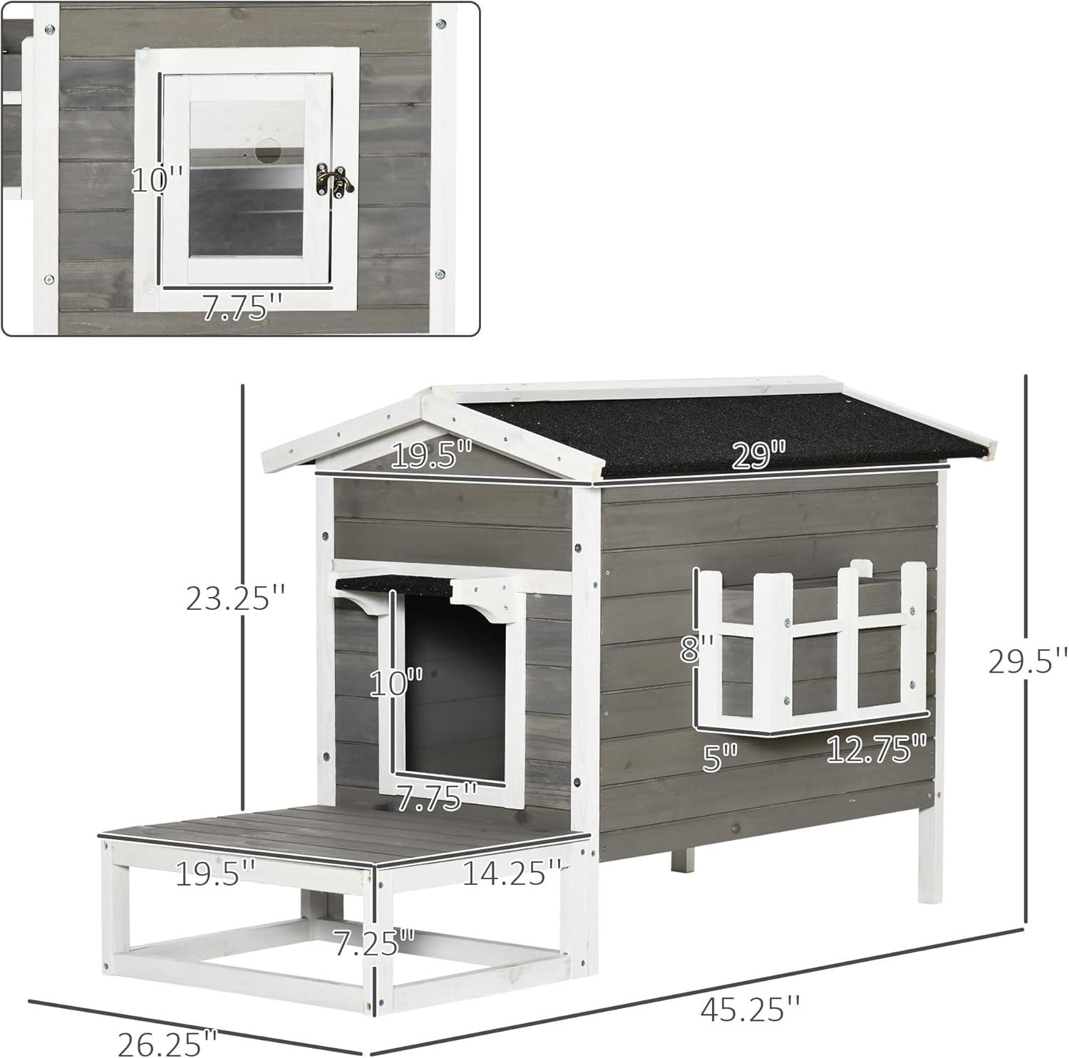 Large Dark Gray and White Wooden Outdoor Cat House with Porch