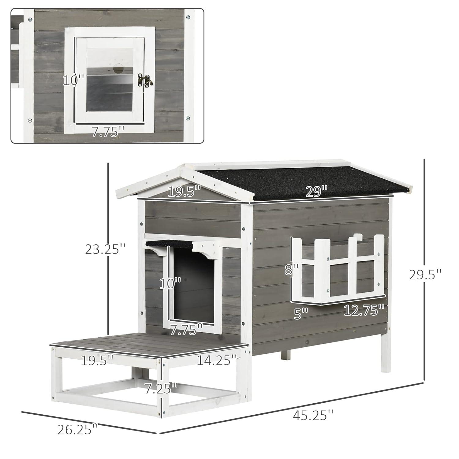 PawHut Wooden Wooden Cat House Feral Cat Shelter Kitten Condo with Escape Door, Porch and Flower Stand - Dark Gray/White
