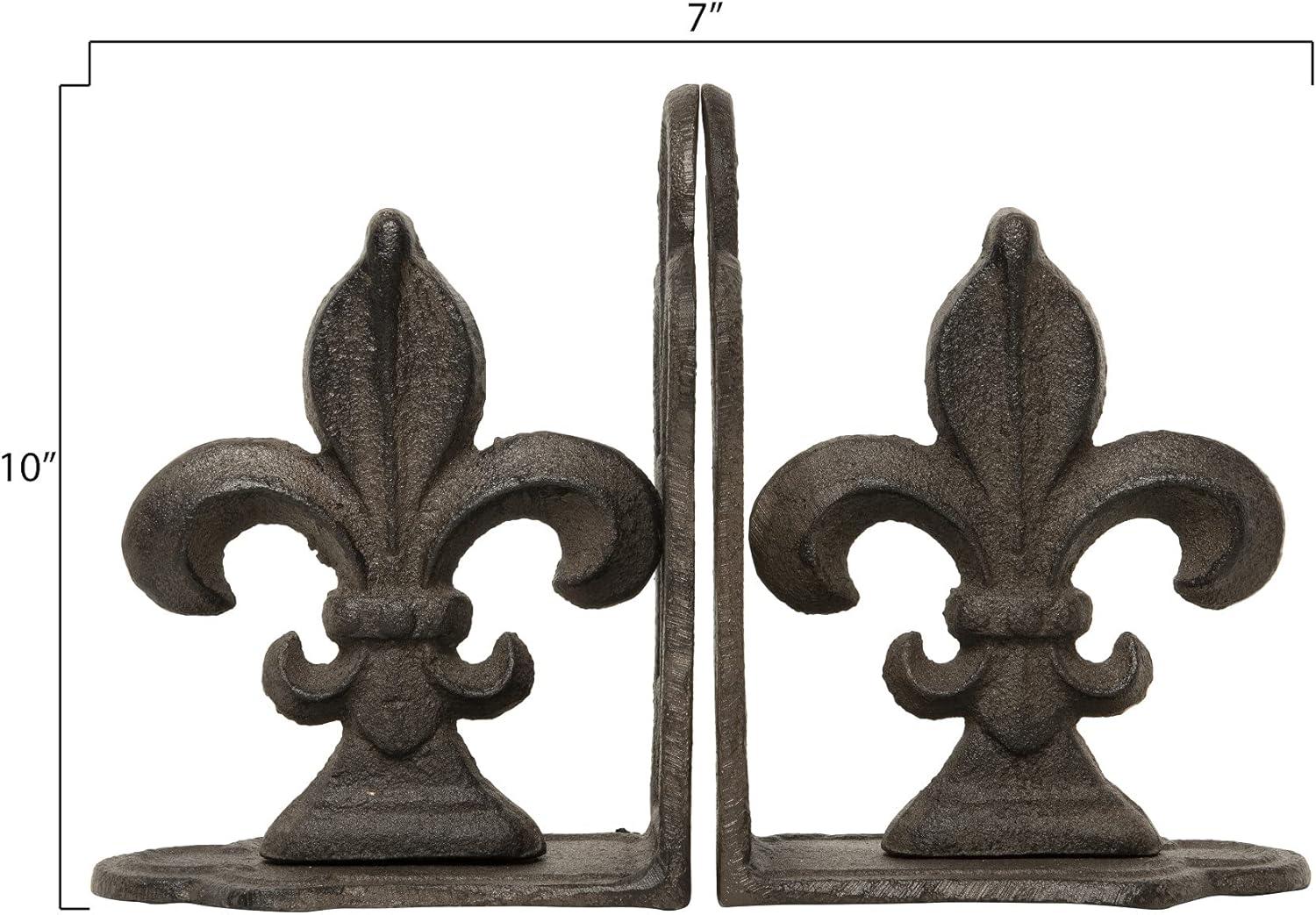 Storied Home Decorative Metal Fleur de Lis Bookends, Brown, Set of 2