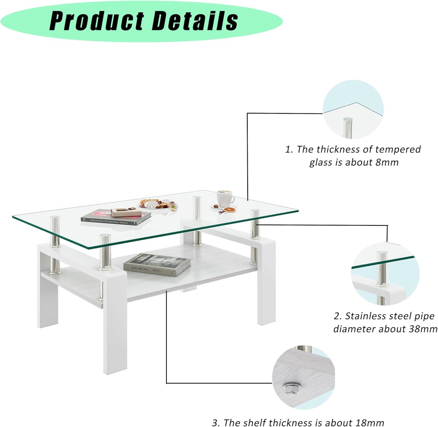 Glass Coffee Table for Living Room, Rectangle Glass Coffee Table with Storage Shelf, Transparent Coffee Tabletop with White Metal Legs for Apartment, Office (Transparent Glass, White)