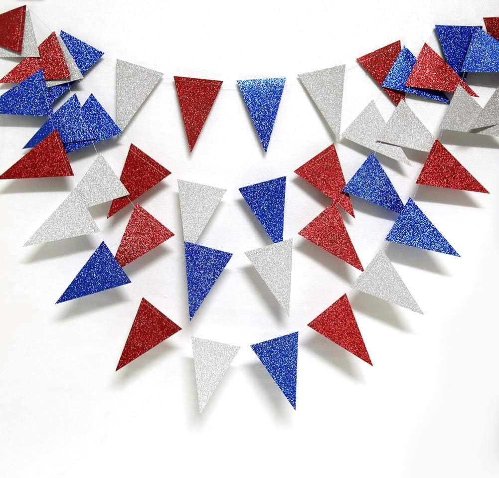 Red Blue Silver/White National Day Patriotic Triangle Flag Banner Fourth/4th of July USA American Independence Day Celebration Party Garland Hanging Decoration for Birthday/Baby Shower