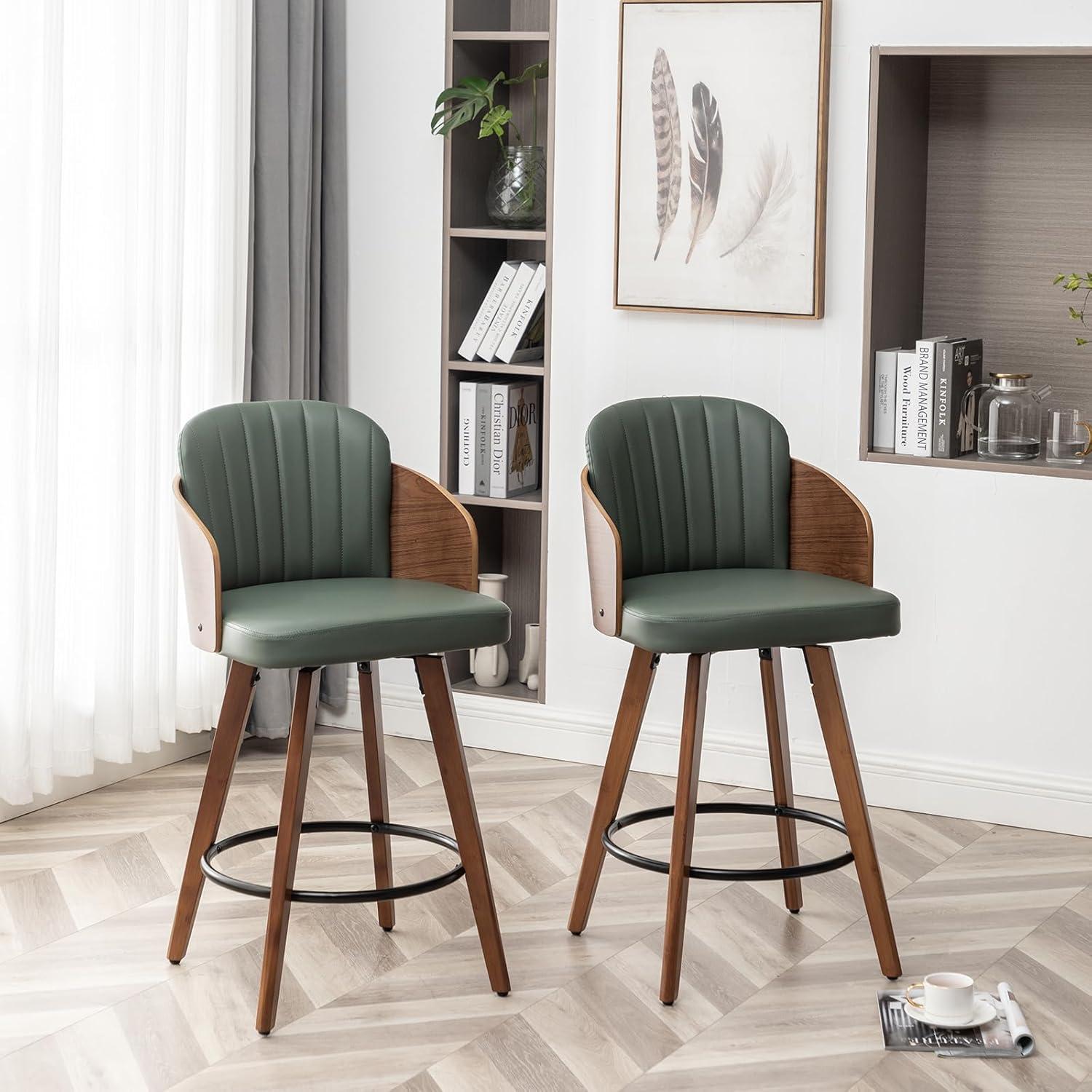 FOWEOAIU Bar Stools Leather Upholstered Swivel 26" Counter Stool for Bar Kitchen Island Bistro , Green (Set Of 2)