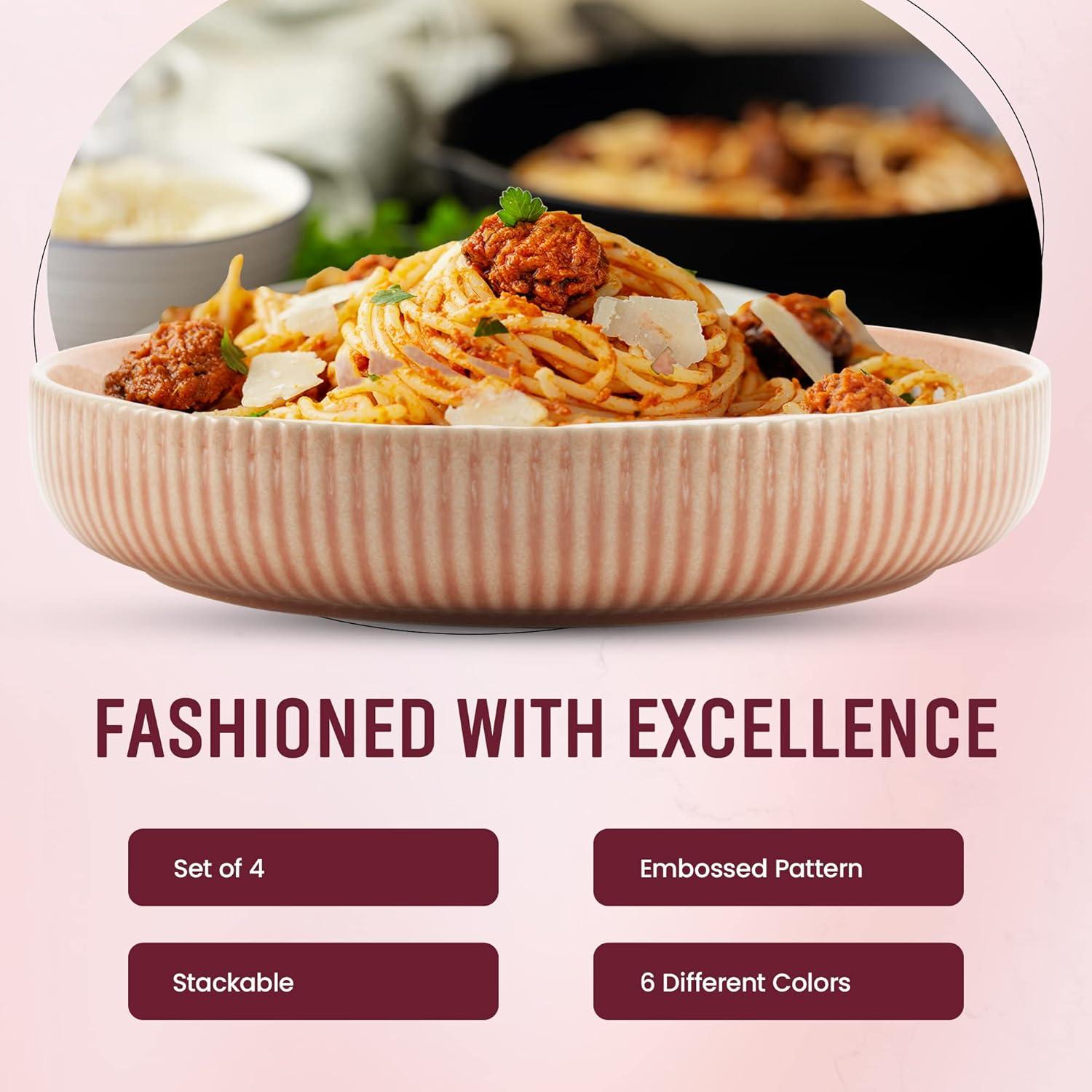 American Atelier Large Pasta Bowls, 42 oz Wide Shallow Stoneware Salad Bowl Set, Plates for Serving Dinner, Kitchen, and Eating, Set of 4,Blush