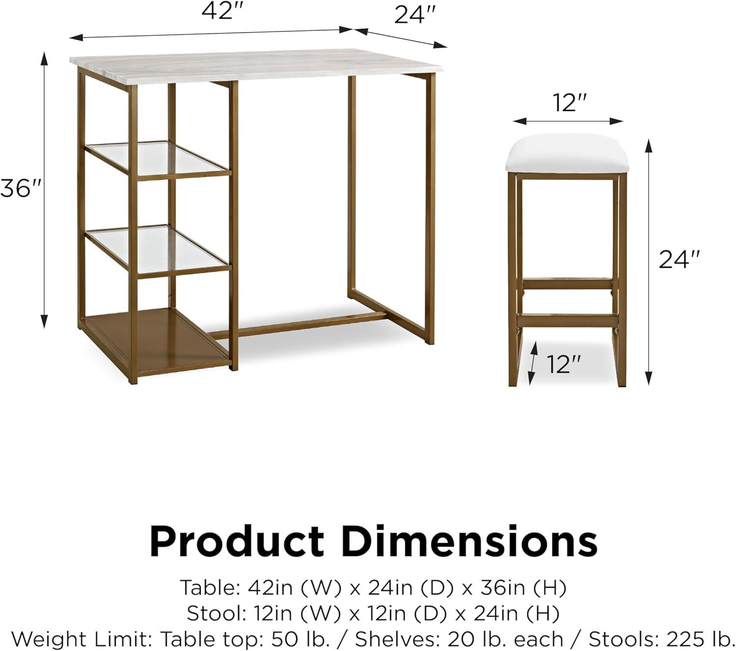 Sleek Brass & Faux Marble Pub Set with Glass Shelves, White