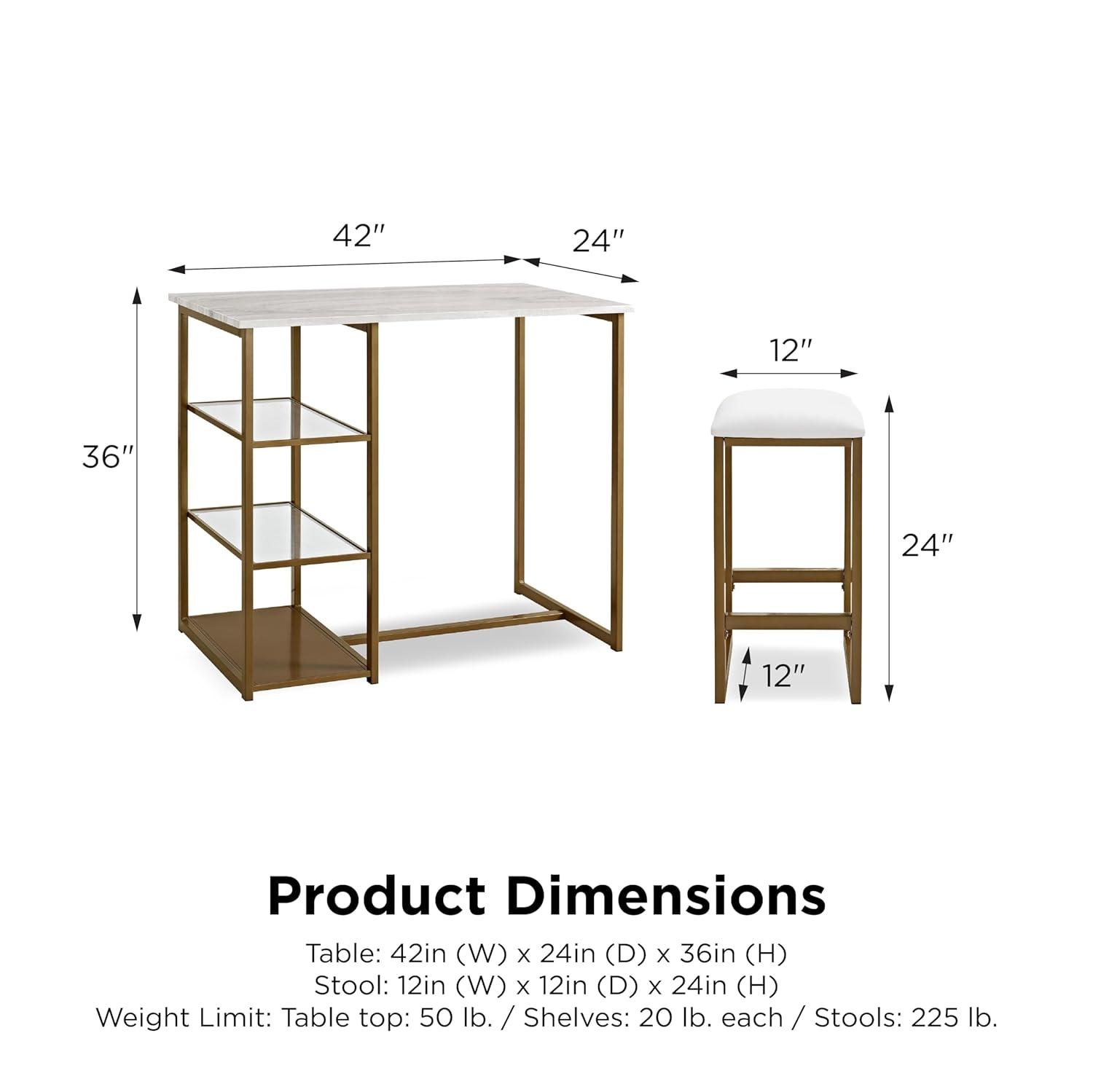 DHP Tanner 3-Piece Brass Counter Height Set with Faux Marble Top, White
