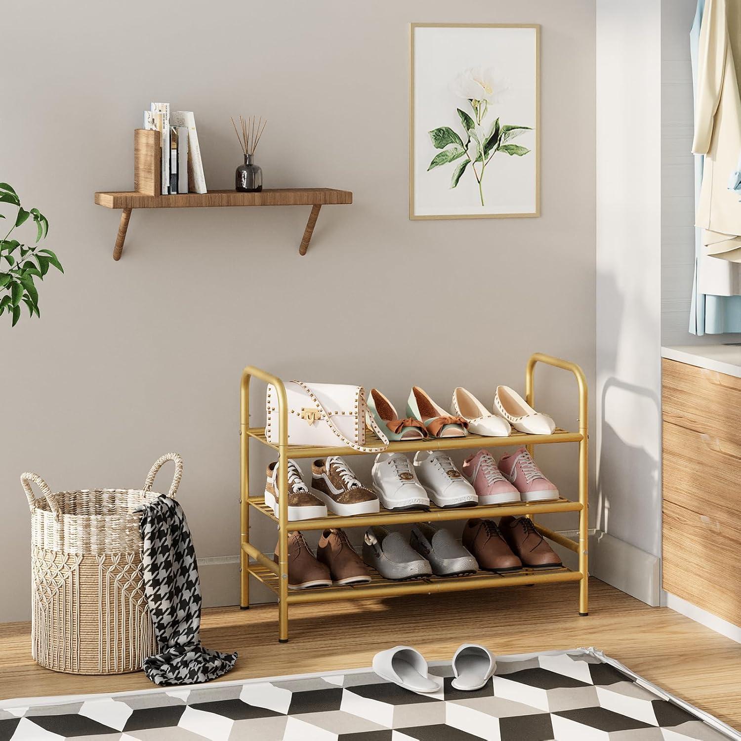 YASONIC Shoe Rack Storage Organizer, 3-Tier Black Shoe Shelf, 24 Pairs, Iron Poles & Plastic Connectors