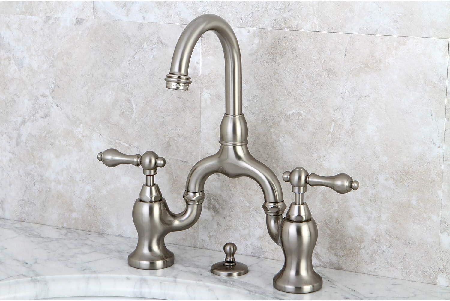 Kingston Brass English Country Two-Handle 3-Hole Deck Mount Bridge Bathroom Faucet with Brass Pop-Up