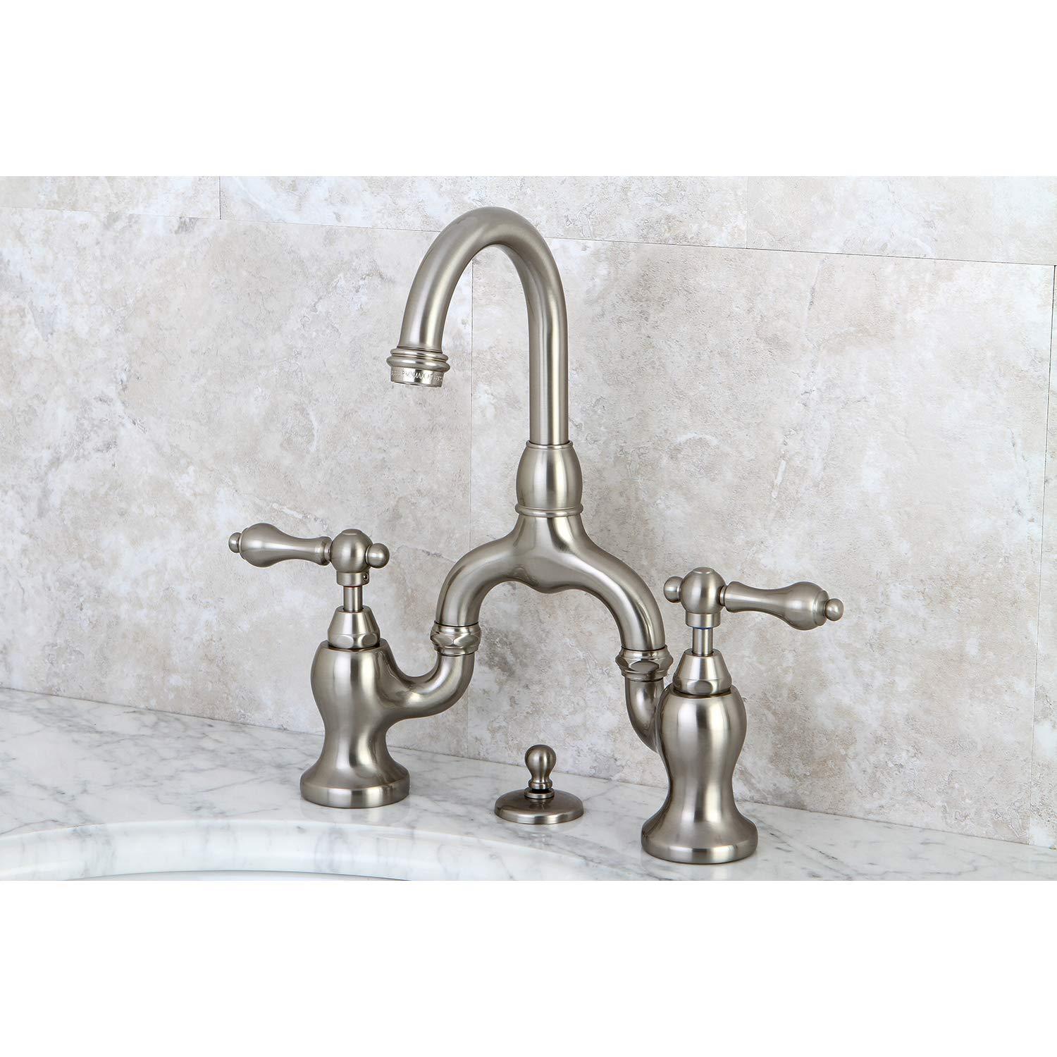 Kingston Brass English Country Two-Handle 3-Hole Deck Mount Bridge Bathroom Faucet with Brass Pop-Up