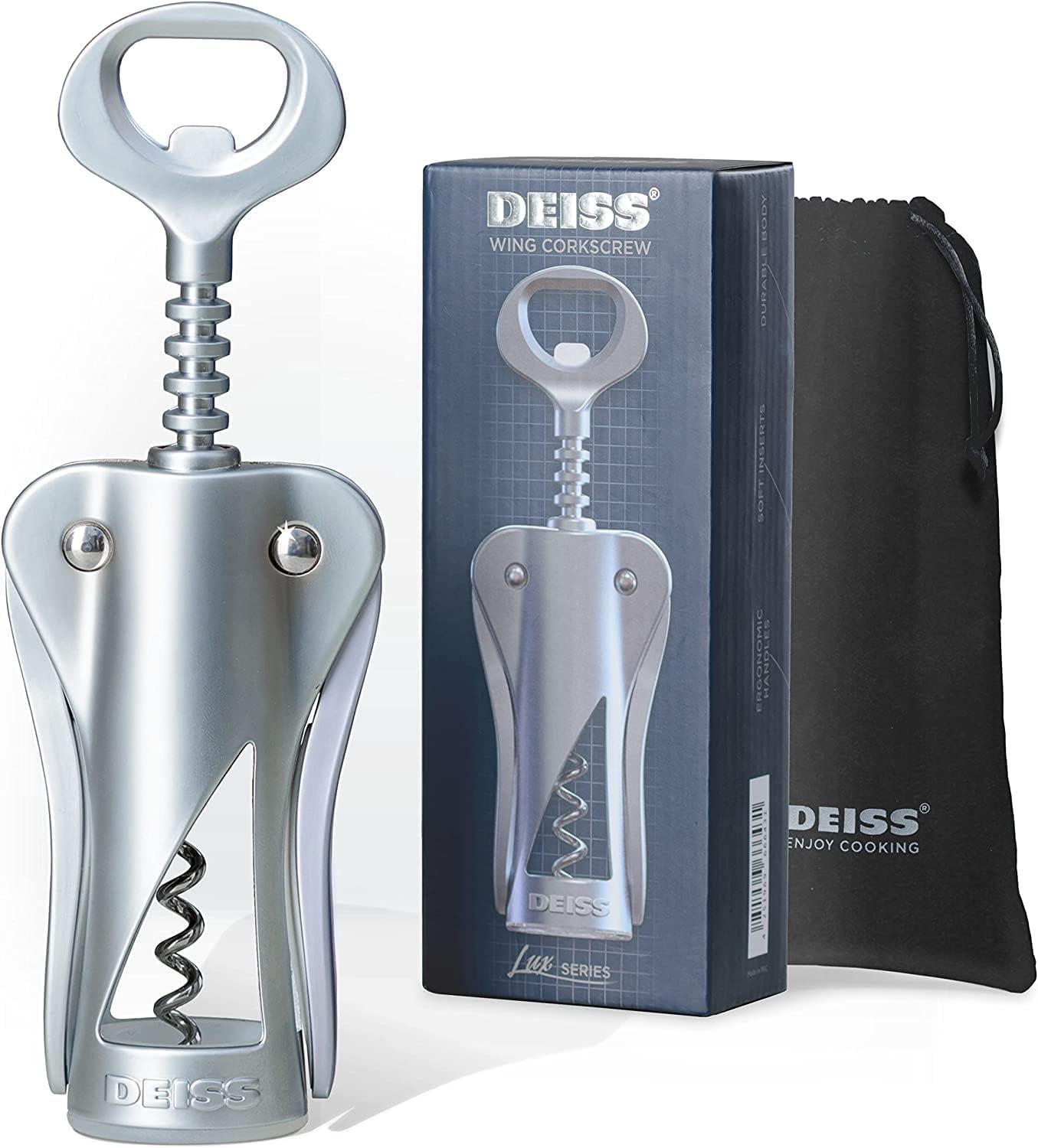 DEISS Deiss Lux Wine Opener, All-metal Wing Corkscrew Wine Bottle Opener With Built-in Beer Bottle Opener - Ergonomic Cork Screw Wine Corker, Silver Matte Coating, Velvet Storage Pouch, Perfect Wine Gift