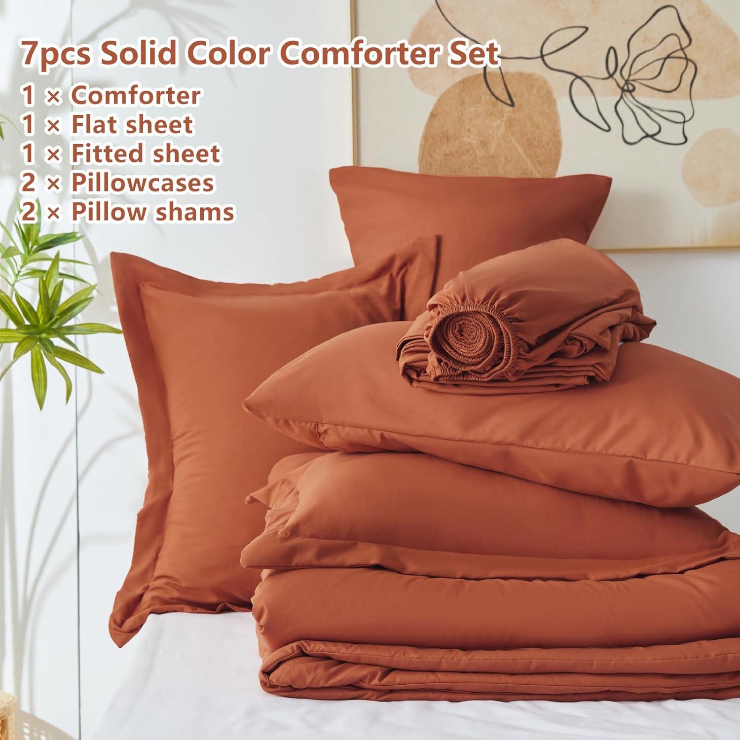 Cozy Comfort Burnt Orange Comforter Set Queen Size, 7 Pieces Soft Comforter for Queen Size Bed with Sheets, Pillowcases & Shams, All Season Boho, Contrasting Design