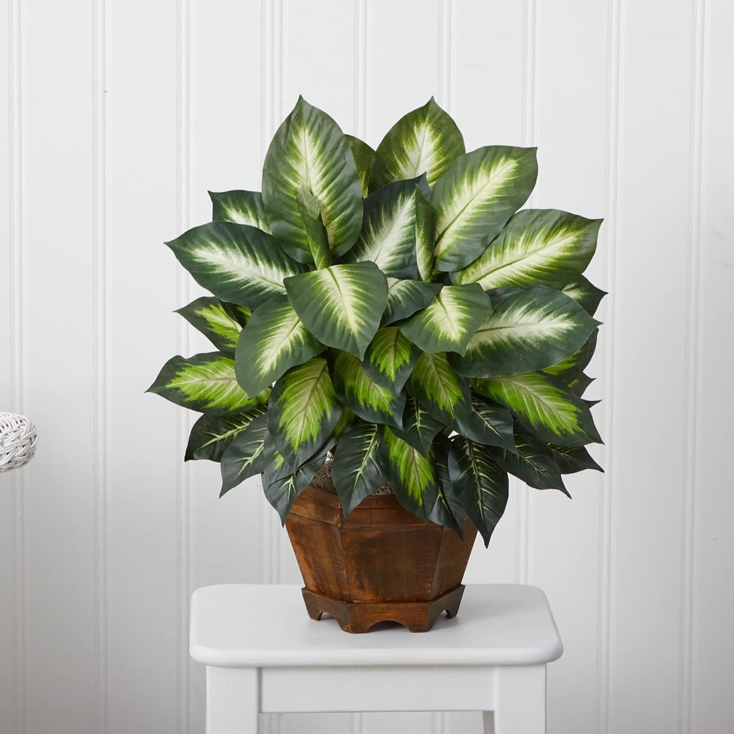 22" Artificial Triple Golden Dieffenbachia with Wood Vase - Nearly Natural