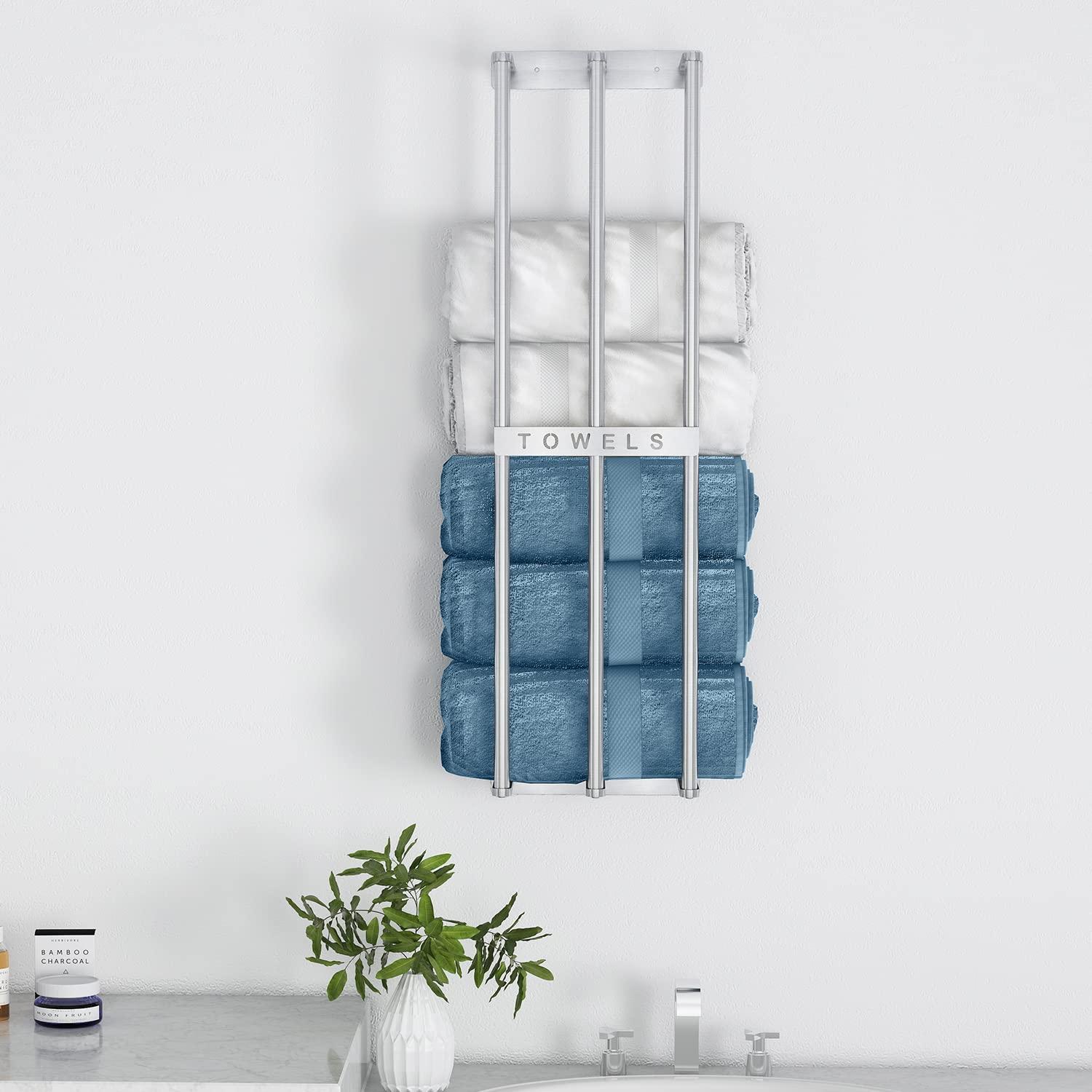 Bathroom Towel Storage Wall, Bethom Towel Rack for Bathroom Wall Mounted, Bath Towel Holder Wall Can Holds Up to 6 Large Rolled Towels, Brushed Nickel
