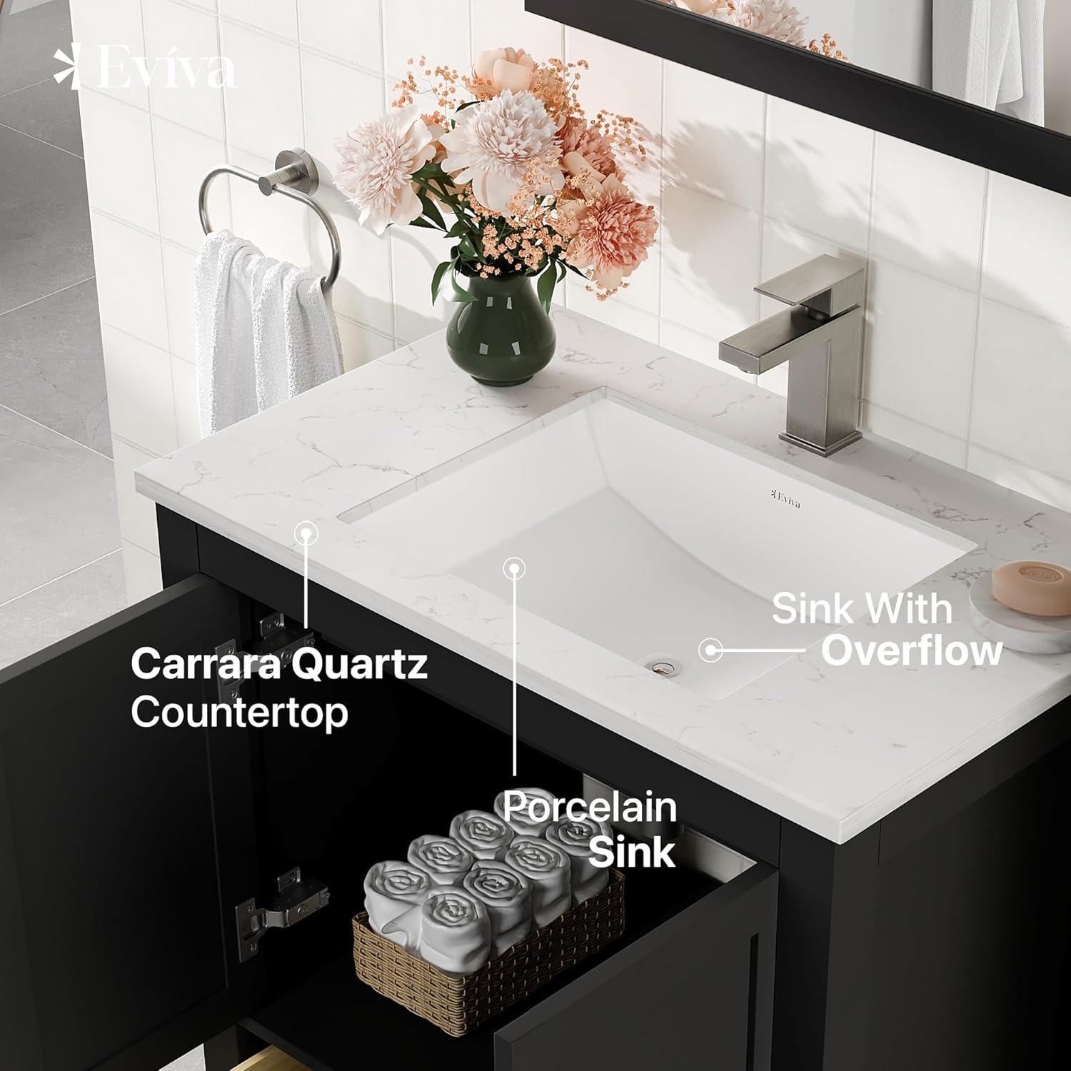 Eviva Aberdeen 30" Espresso Transitional Bathroom Vanity w/ White Carrara Top