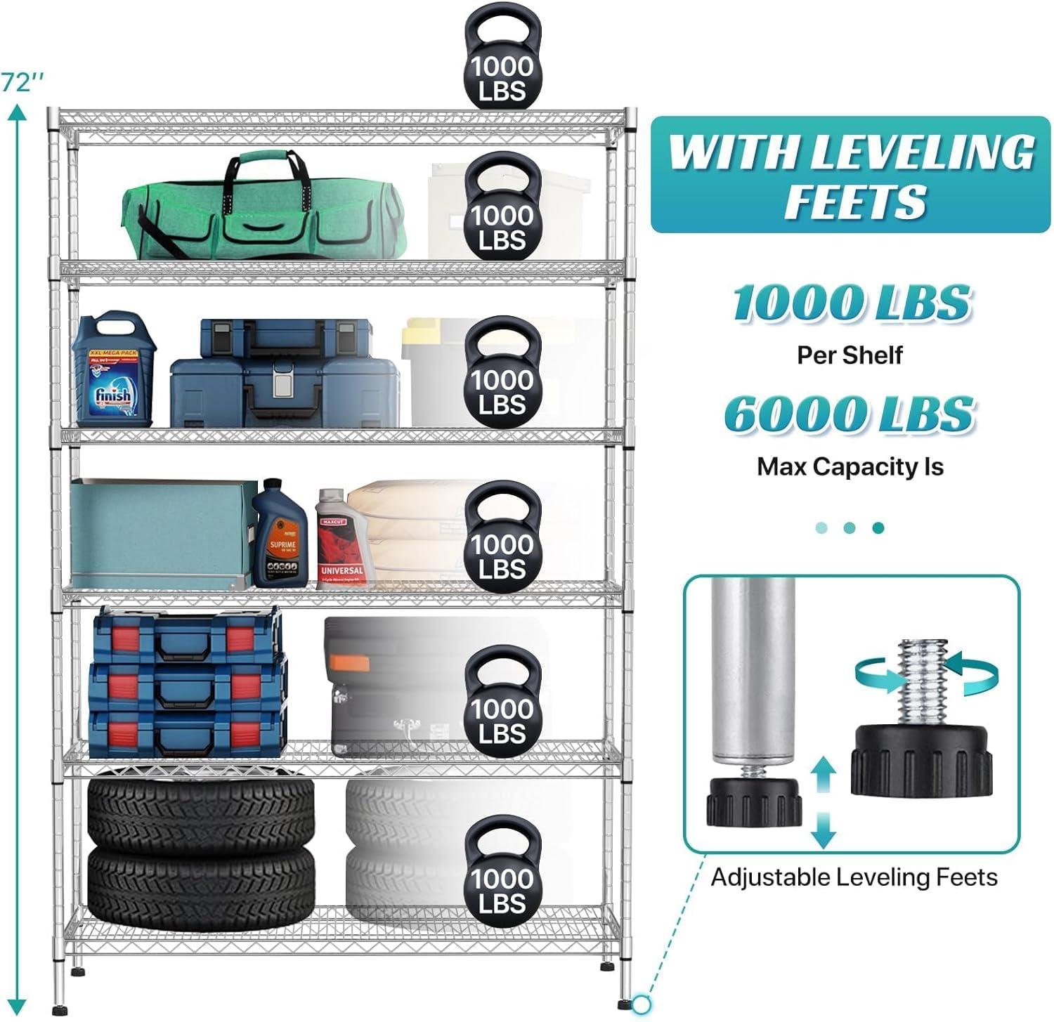 Chrome Heavy Duty Adjustable 6-Tier Metal Storage Rack with Wheels