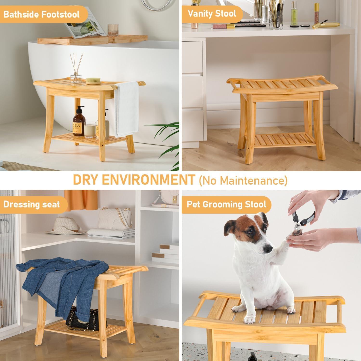 Beige Bamboo Shower Bench with Storage Shelf