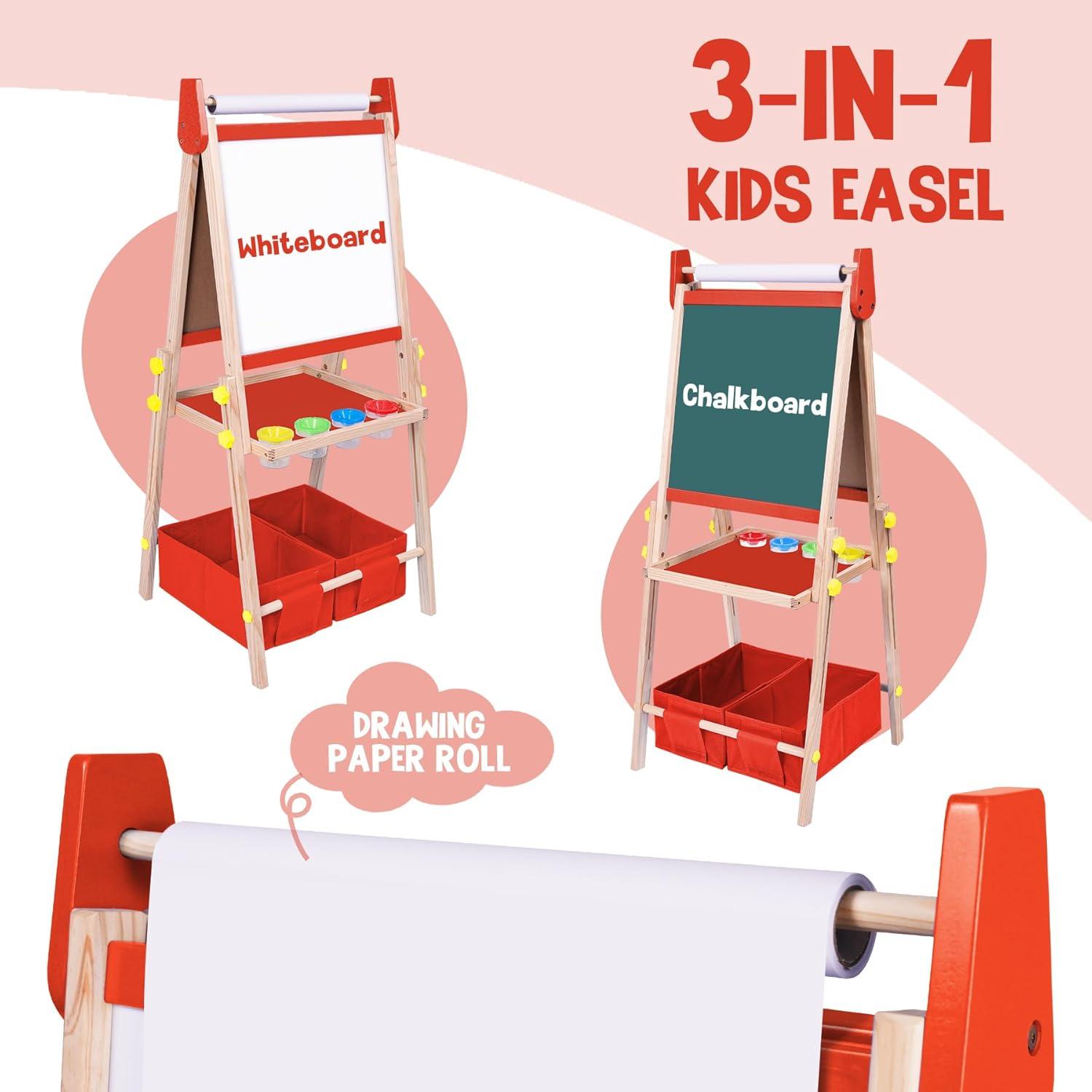 Joyooss Kids Wooden Art Easel with Paper Roll,Double Sided Whiteboard & Chalkboard Children Easel,Adjustable Height