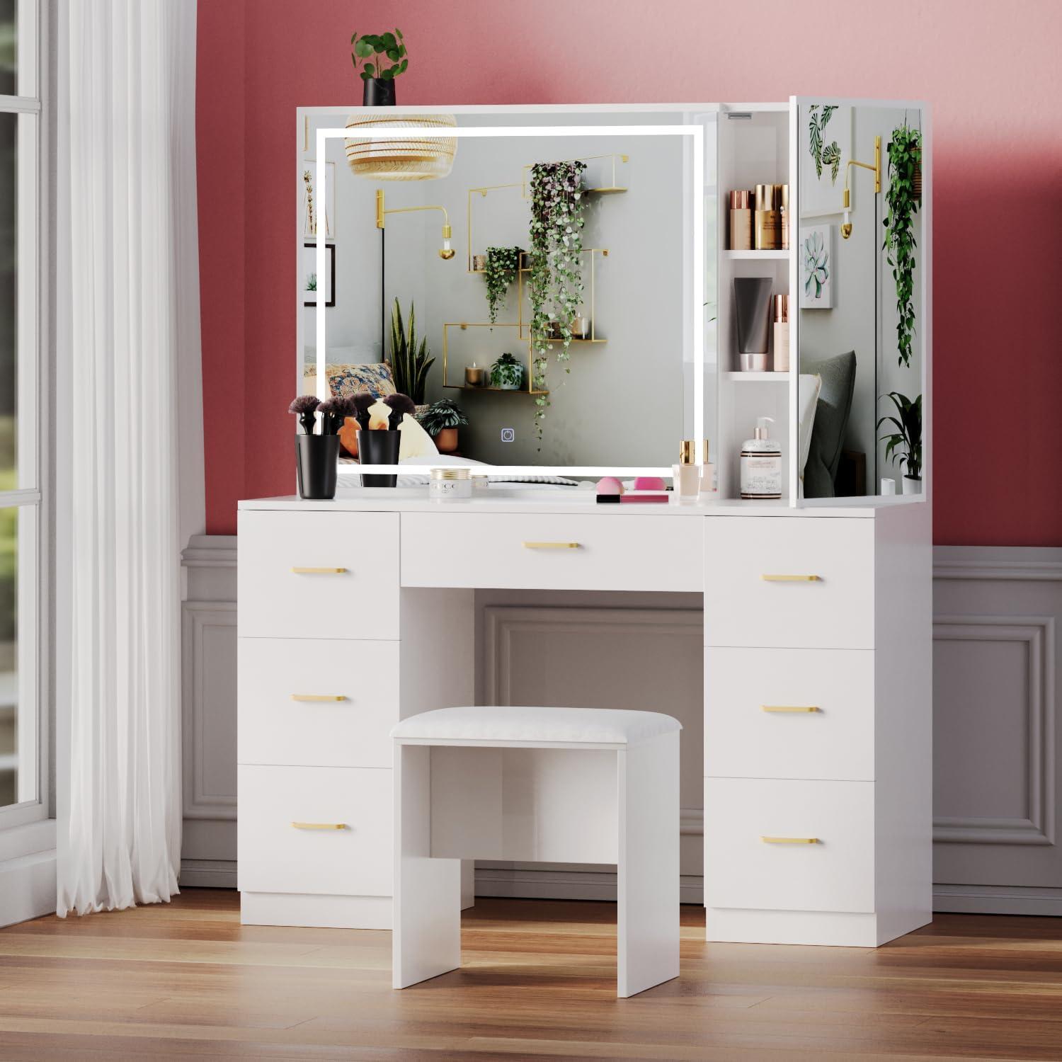 Vanity Desk with Lighted Mirror,Makeup Table with 7 Drawers,Wildhome Brand,Adult Age Group