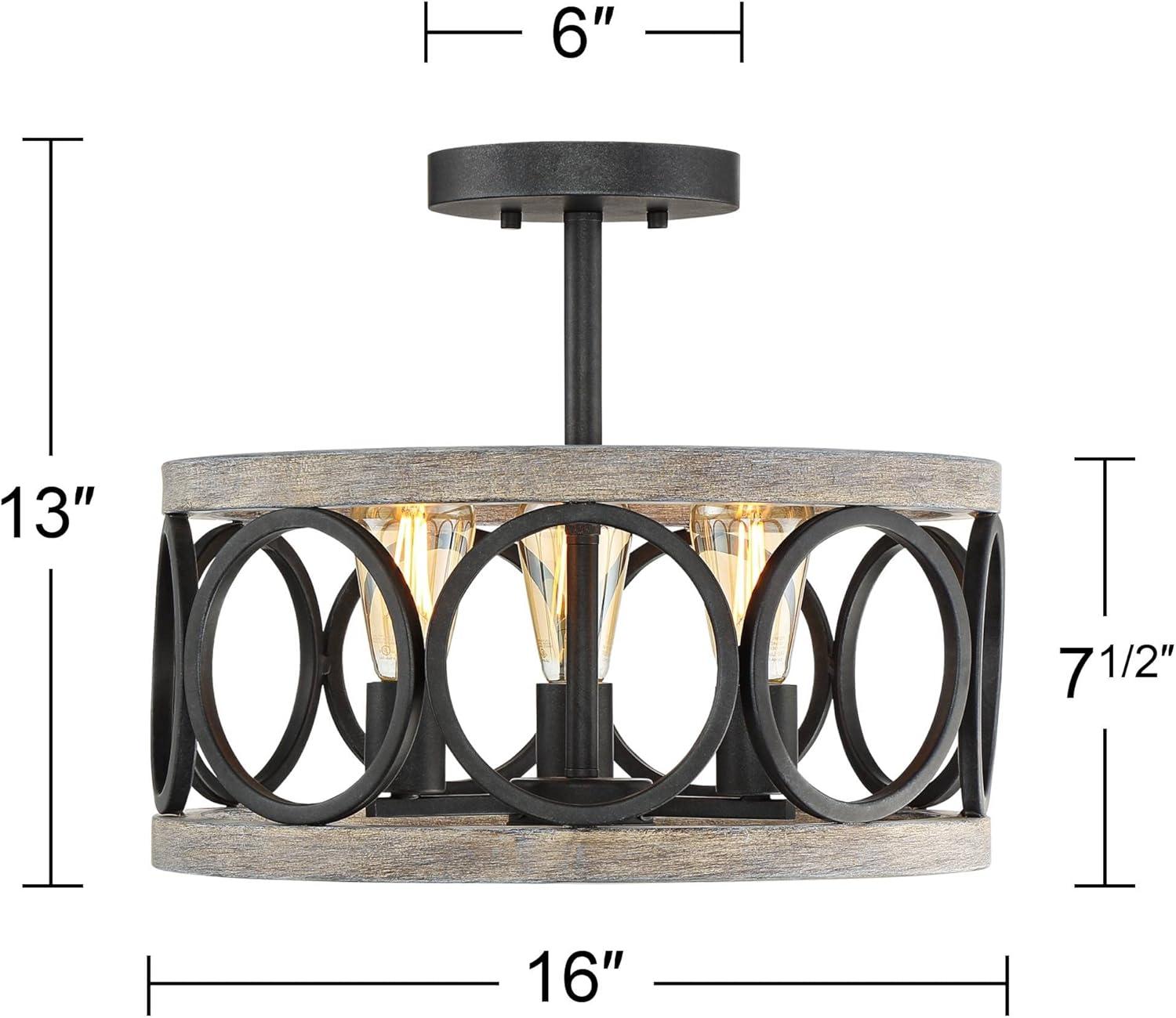 Franklin Iron Works Salima Rustic Farmhouse Ceiling Light Semi Flush Mount 16" Wide Black Gray Wood 3-Light for Bedroom Kitchen Living Room Hallway