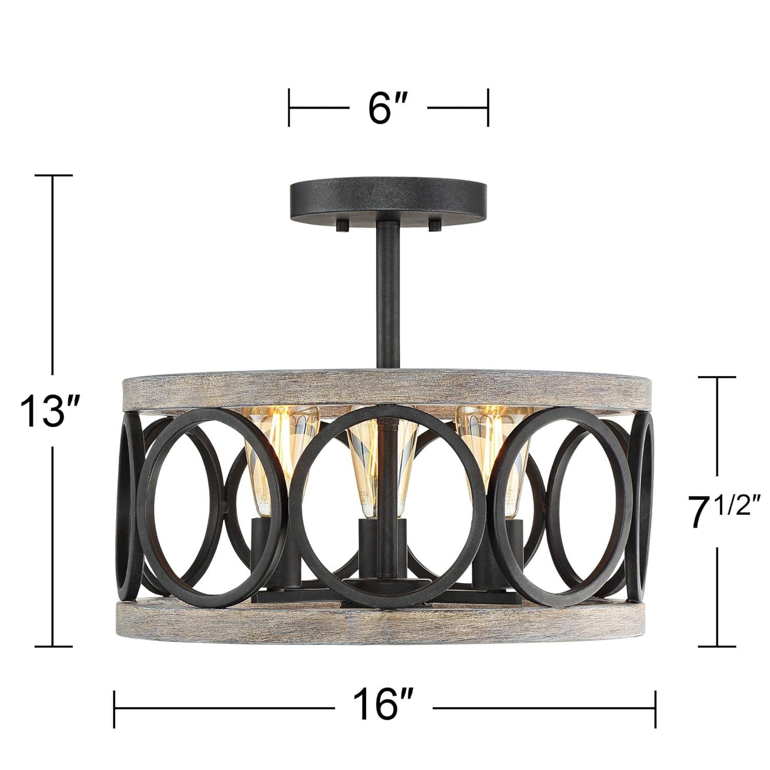 Franklin Iron Works Salima Rustic Farmhouse Ceiling Light Semi Flush Mount 16" Wide Black Gray Wood 3-Light for Bedroom Kitchen Living Room Hallway