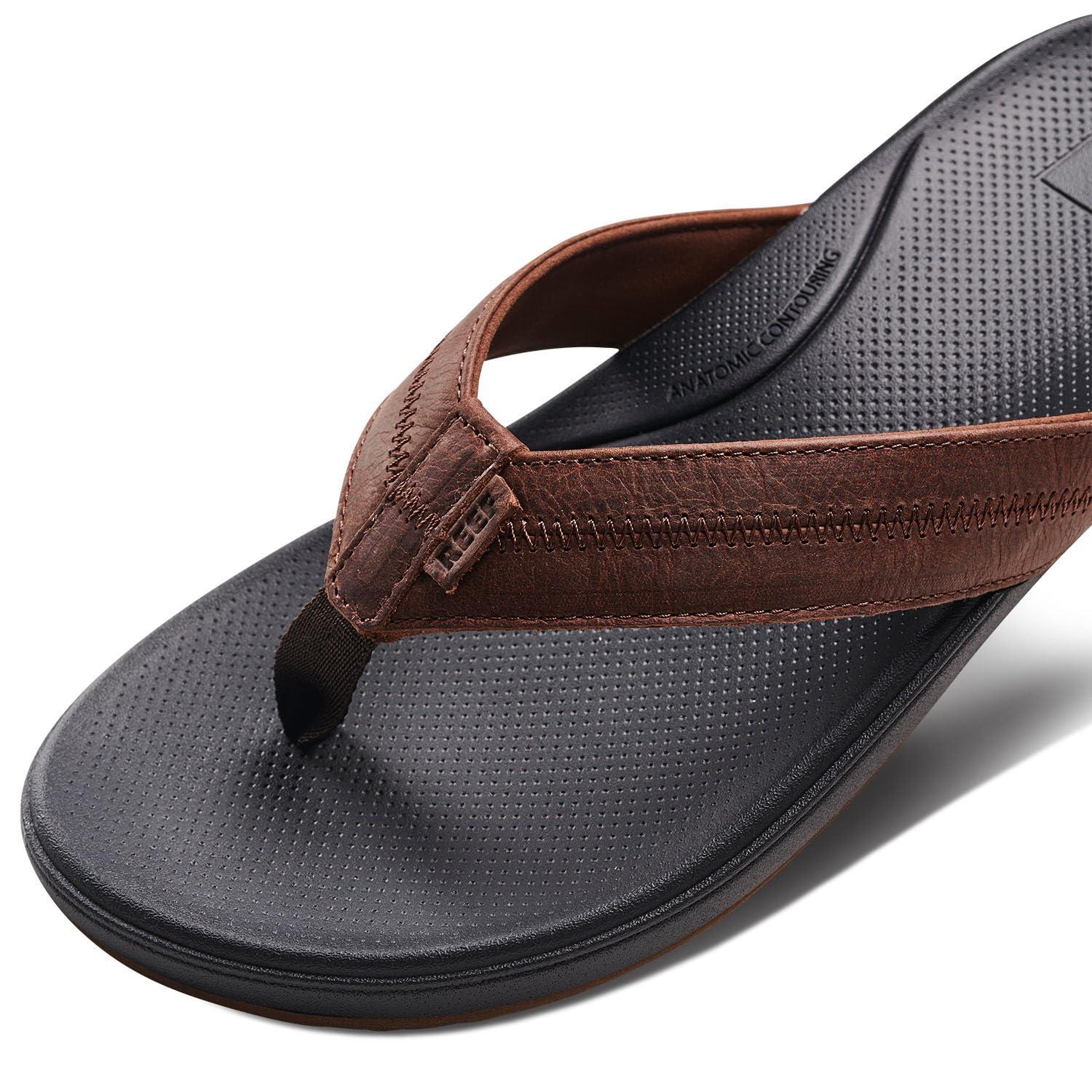 Men's Black and Brown Genuine Leather Casual Flip-Flops