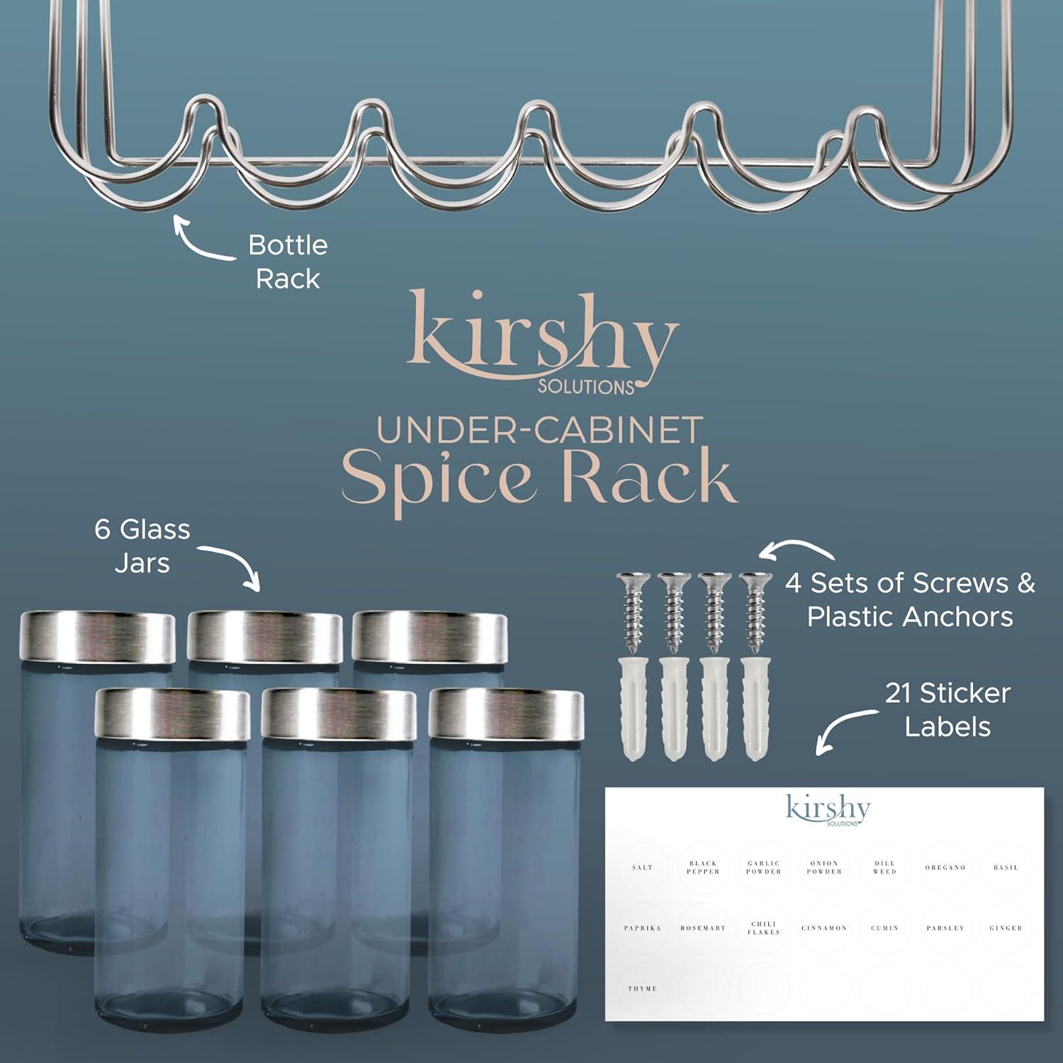 Kirshy Solutions Under Cabinet Spice Rack With 6 Glass Spice Jars & 21 Labels Stainless Steel Spice Storage Rack- Mountable Under Shelf Hanging Spice Rack Holder- Seasoning Kitchen Organizer