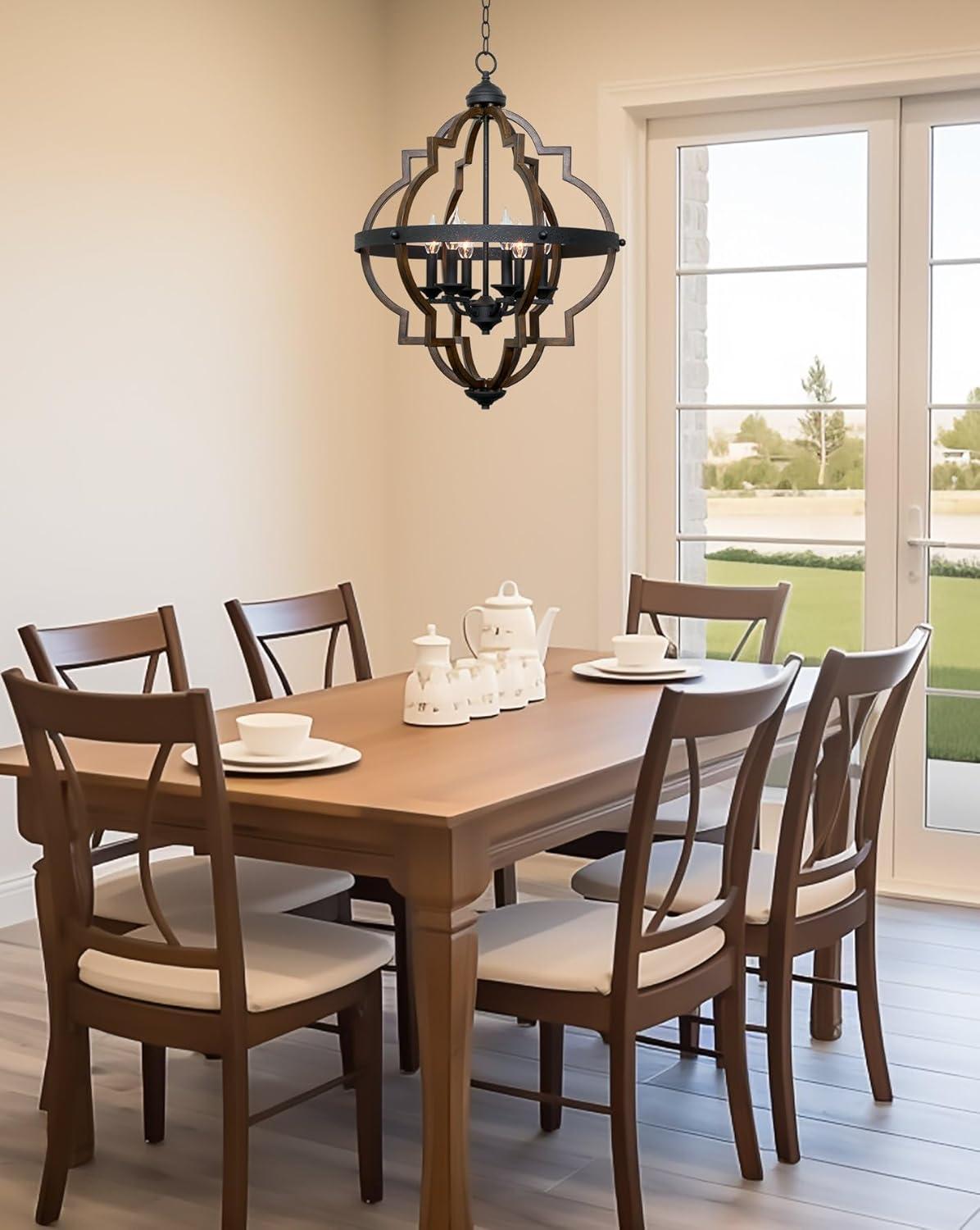 Kira Home Capistrano 28" 6-Light Rustic Farmhouse Chandelier, Wood Style Metal Frame, Textured Black Accents + Walnut