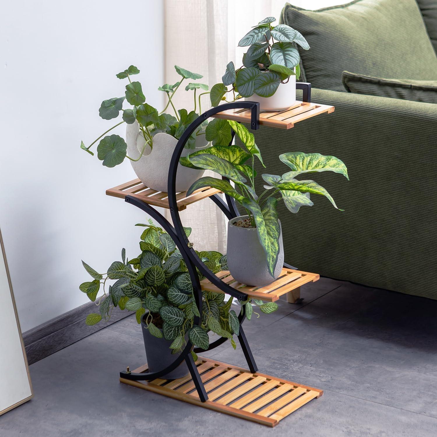 Black and Bamboo 4-Tier Indoor Outdoor Plant Stand