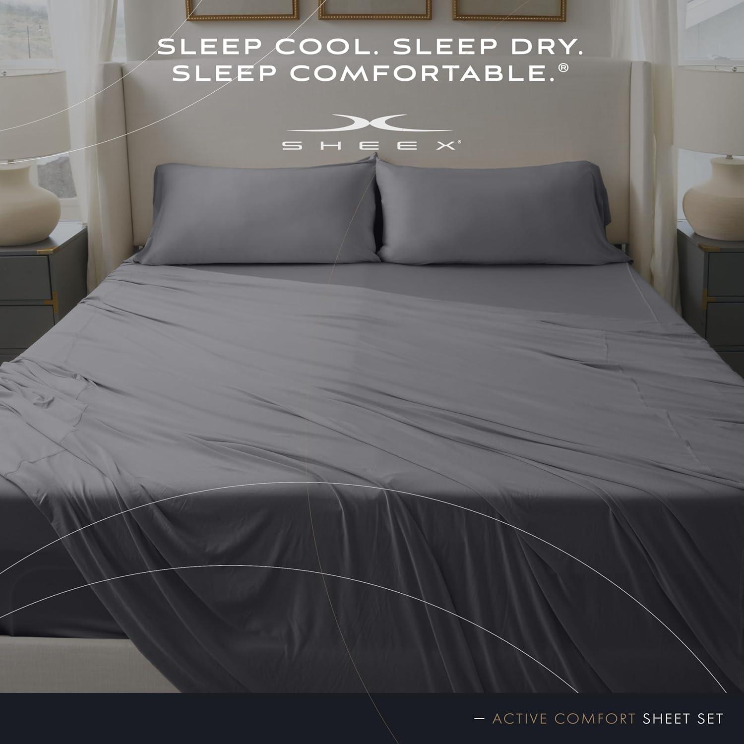 SHEEX Active Comfort Sheet Set with 2 Pillowcases, King/California King - Cooling - Breathable - Deep Pocket - Moisture-Wicking, Pewter