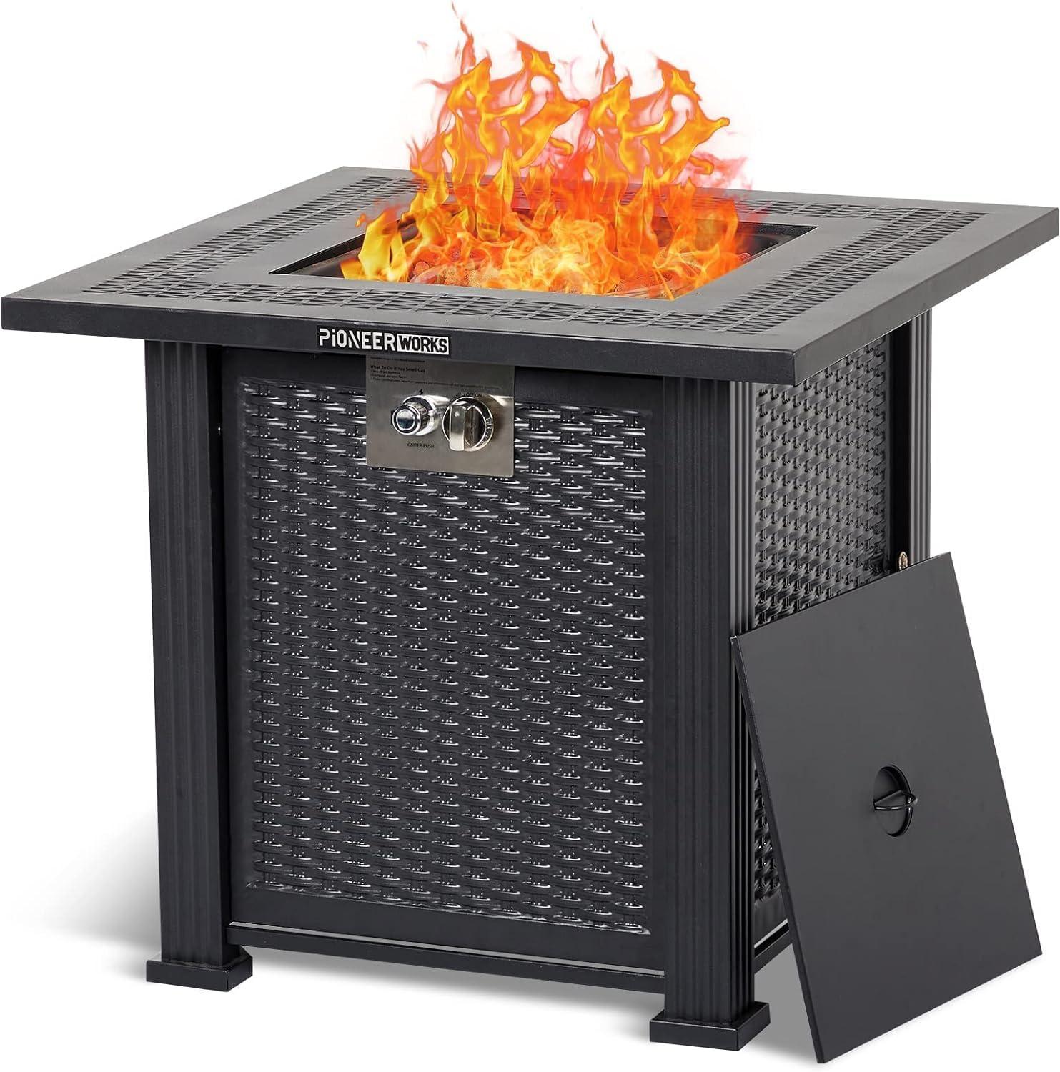 28'' Black Steel Gas Fire Pit Table with Stone Top