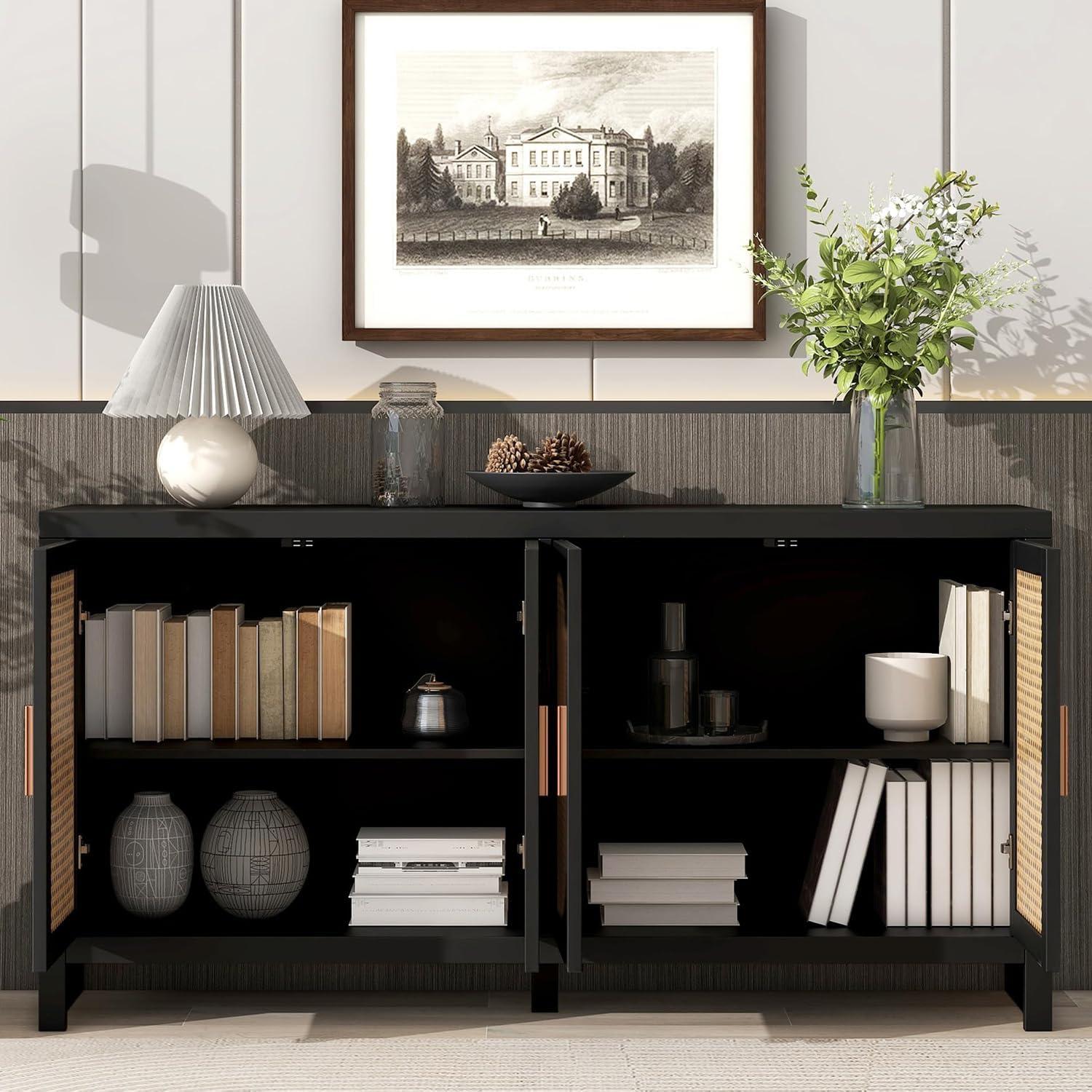 Black Wood Sideboard with Rattan Doors and Shelves