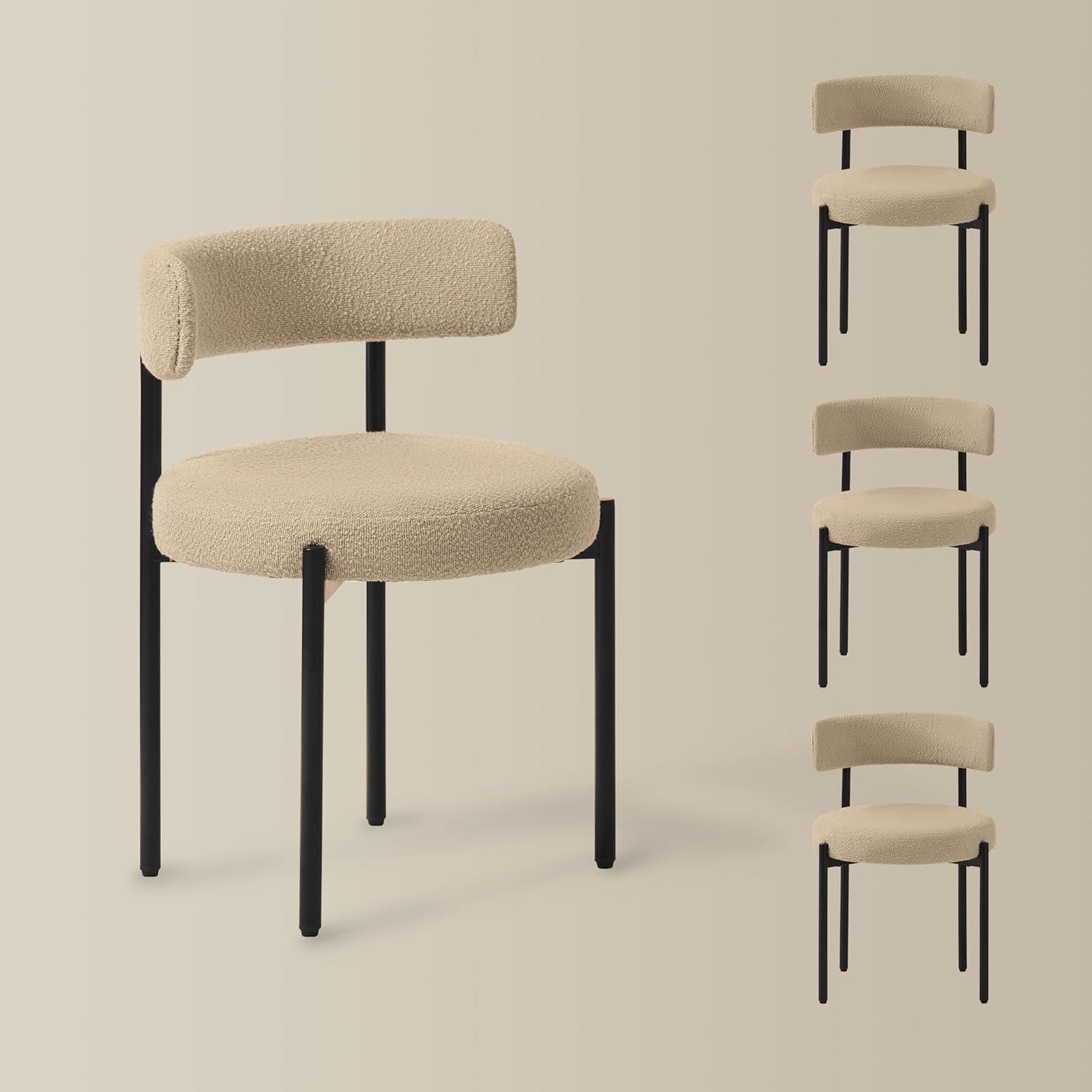 Set of 4 Beige Upholstered Dining Chairs with Black Metal Legs