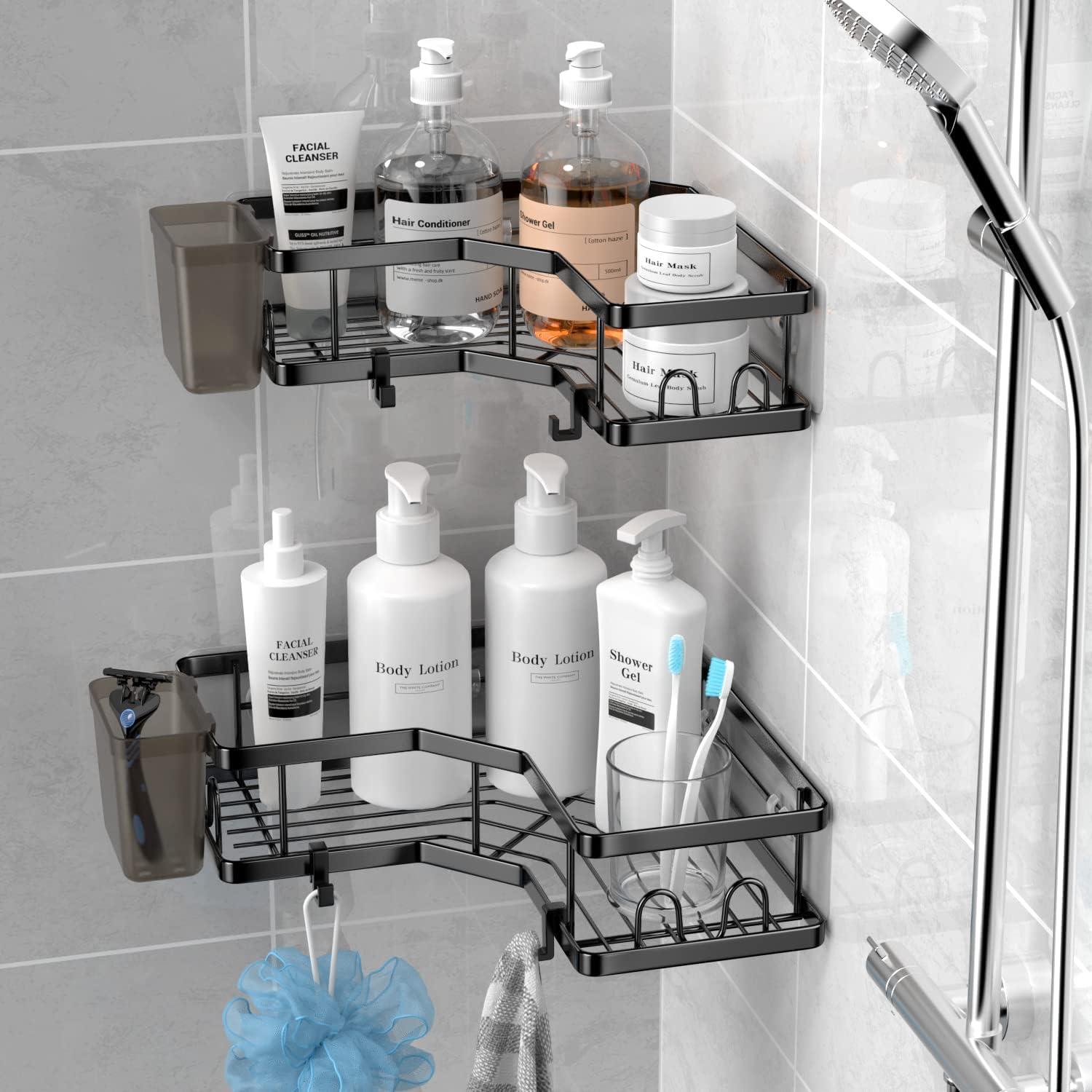 Corner Shower Caddy 2 Pack Organizer Shelves No Drilling Stainless Steel with Hooks&Toothpaste Holder