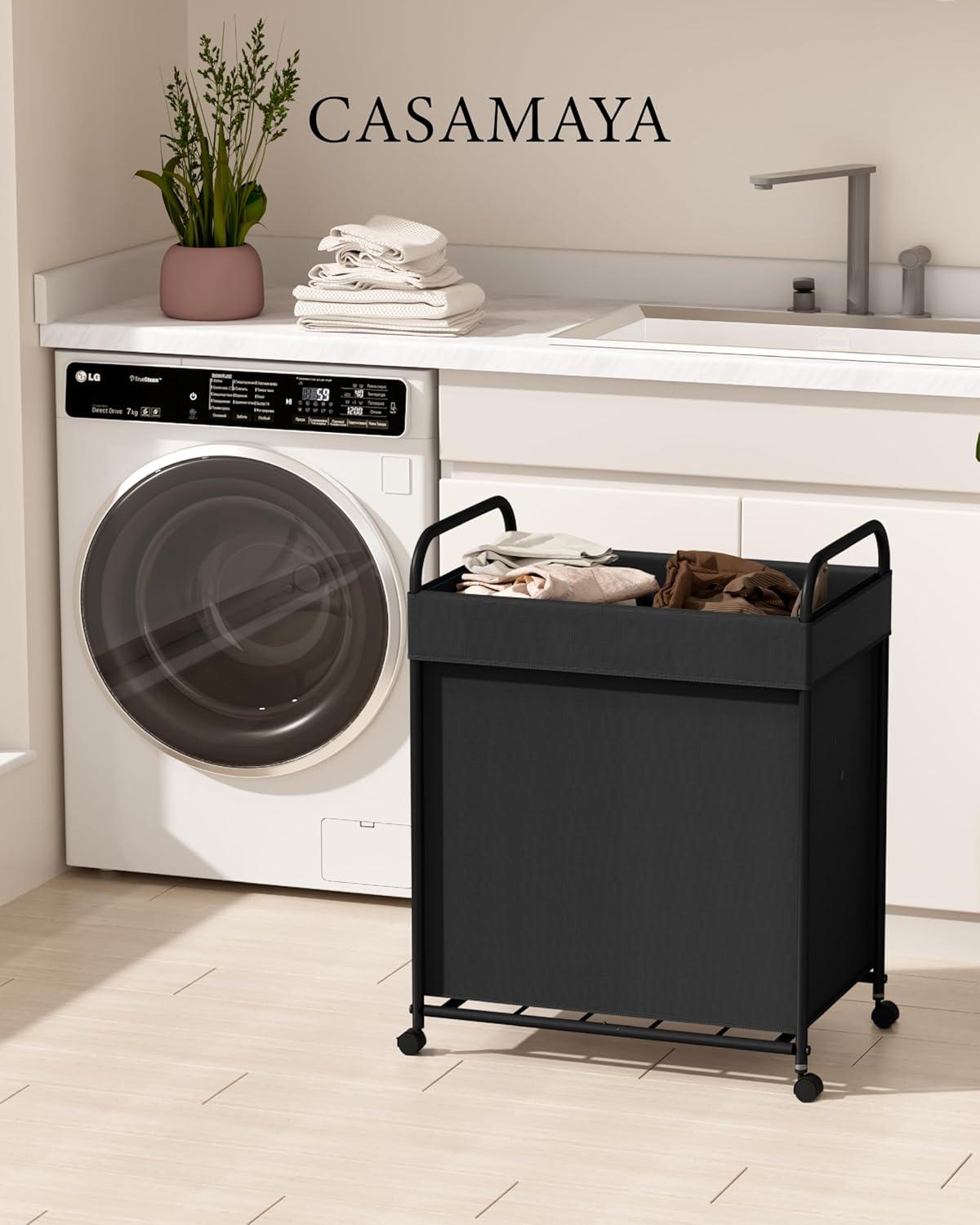 Laundry Basket with Wheels, Rolling Laundry Hamper, Laundry Sorter with Removable Liner, Steel Frame with Handle, 80L, 19.7 x 13 x 25.2 Inches, Black, LHC100B01