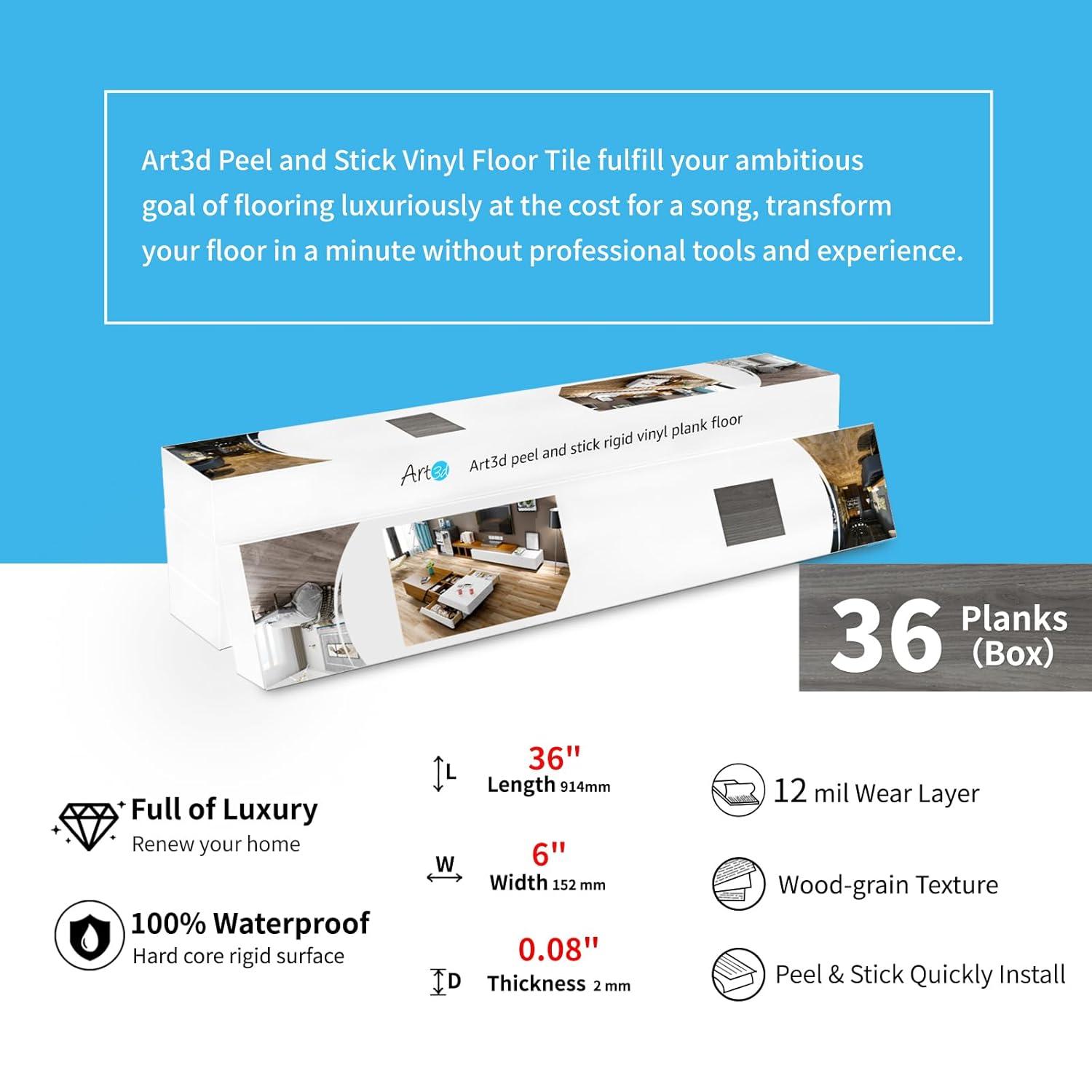 Art3d Peel and Stick Floor Tile Vinyl Wood Plank 36-Pack 54 Sq.Ft, Light Grey, Rigid Surface Hard Core Easy DIY Self-Adhesive Flooring