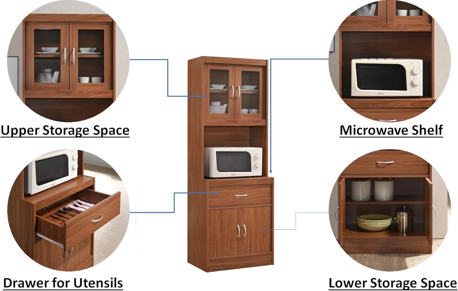 Hodedah Import Standing Top and Bottom Shelf Enclosed Kitchen China Cabinet with Front Sliding Pullout Drawer