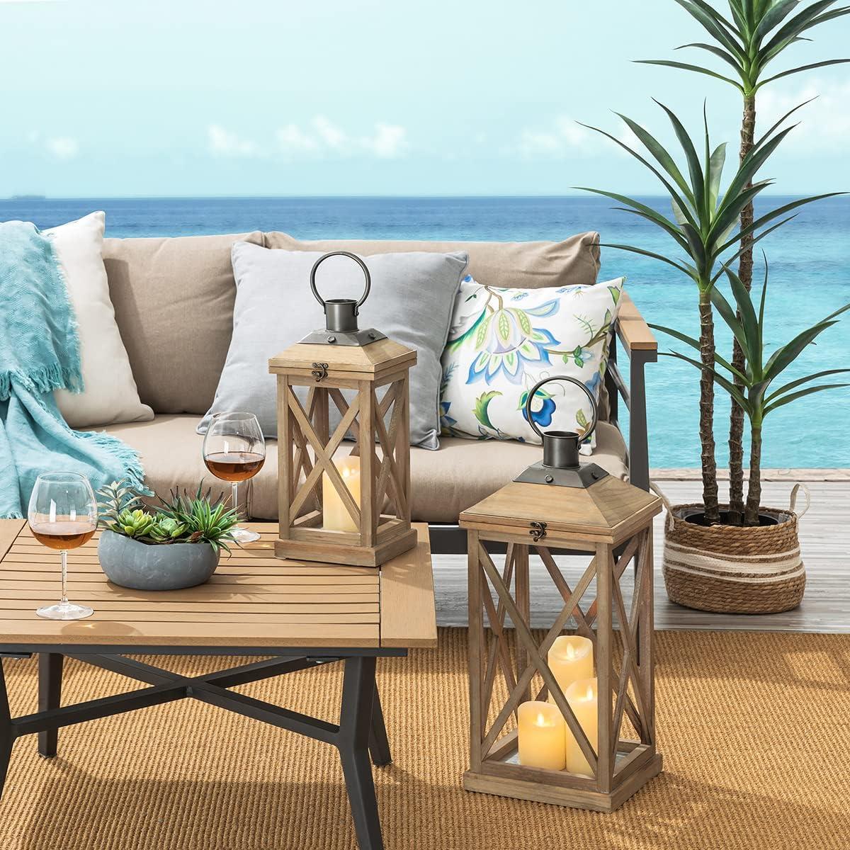 Glitzhome Modern Farmhouse Wooden Lantern Hanging Decorative Candle Lantern for Outdoor & Indoor Black Set of 2 (No Glass)