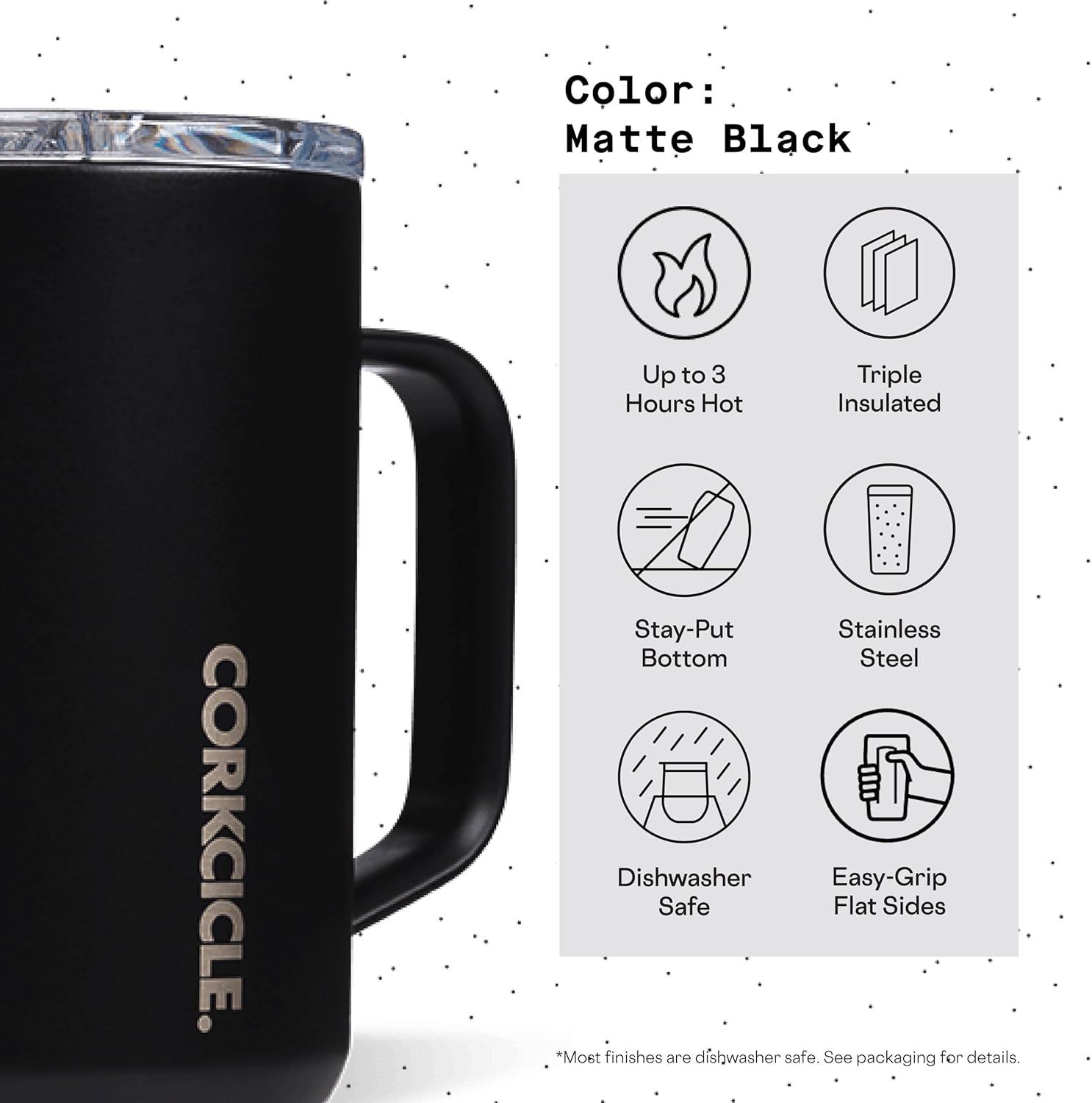 Corkcicle Triple Insulated Coffee Mug with Lid and Handle, Matte Black, 16 oz – Stainless Steel Travel Mug Keeps Beverages Hot for 3+ Hours – Non-Slip, Easy-Grip, Spill-Resistant Tumbler