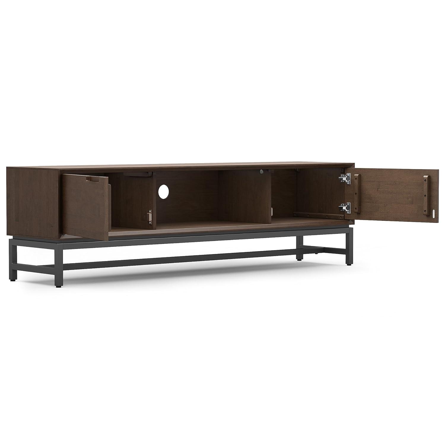 Simpli Home Banting 72"W Solid Hardwood Industrial Low TV Stand for TVs up to 80" with 2 Cabinets and Metal Base