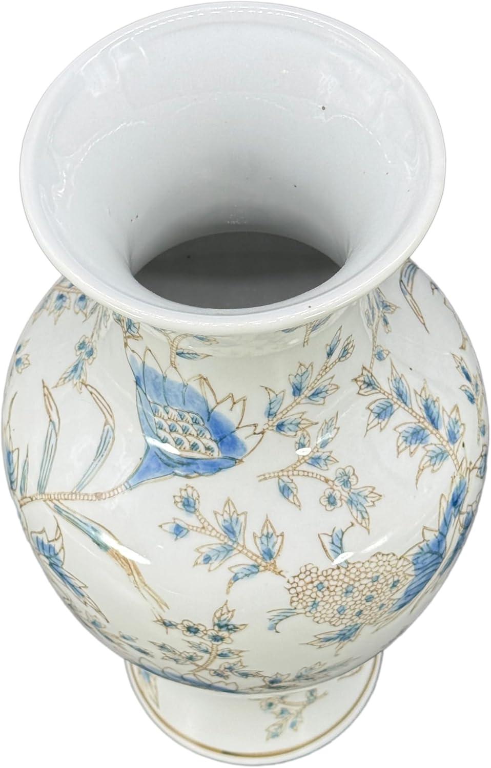 Dark Blue Floral Chinoiserie Ceramic Vase with White Accents