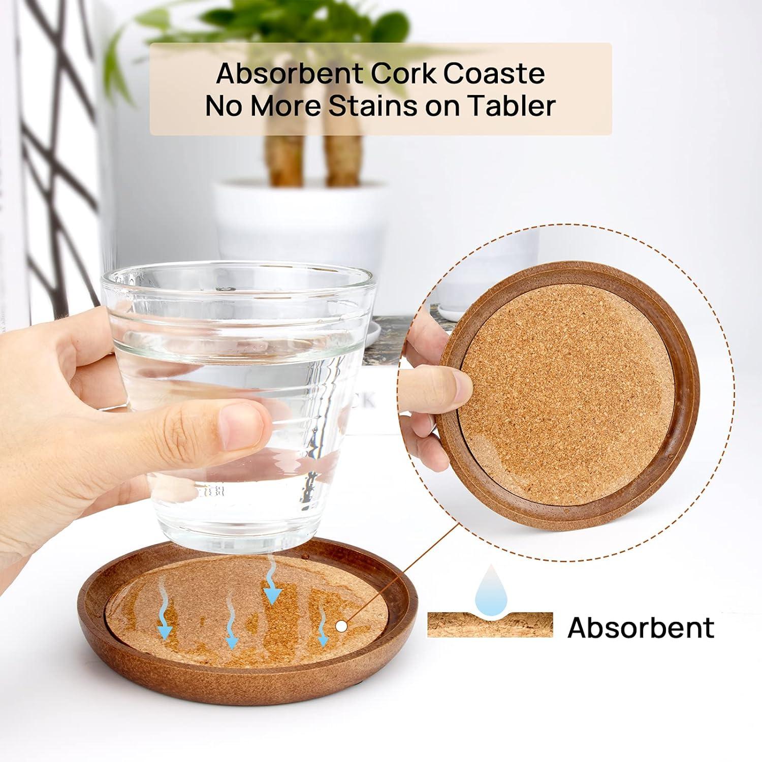 Natural Wood and Cork Round Drink Coasters Set