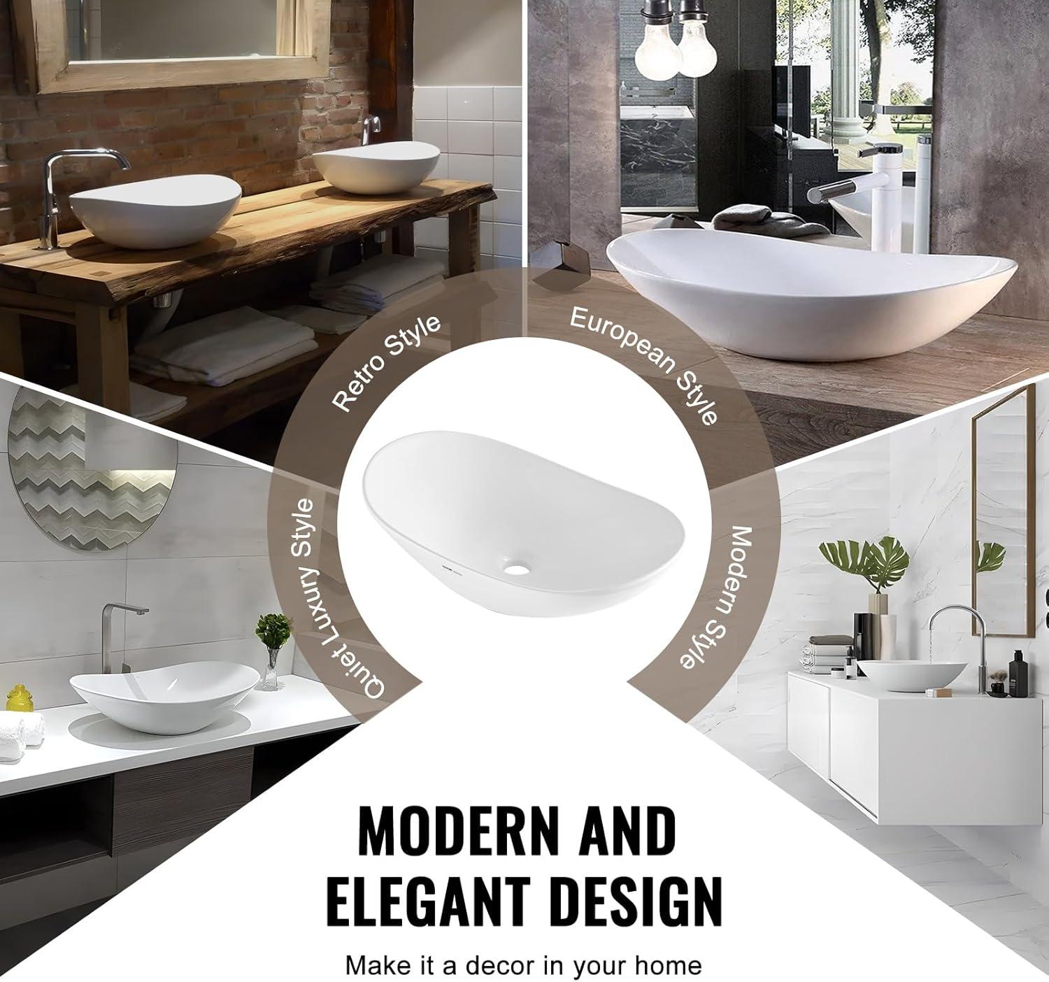 White Oval Ceramic Above-Counter Vessel Sink with Drain