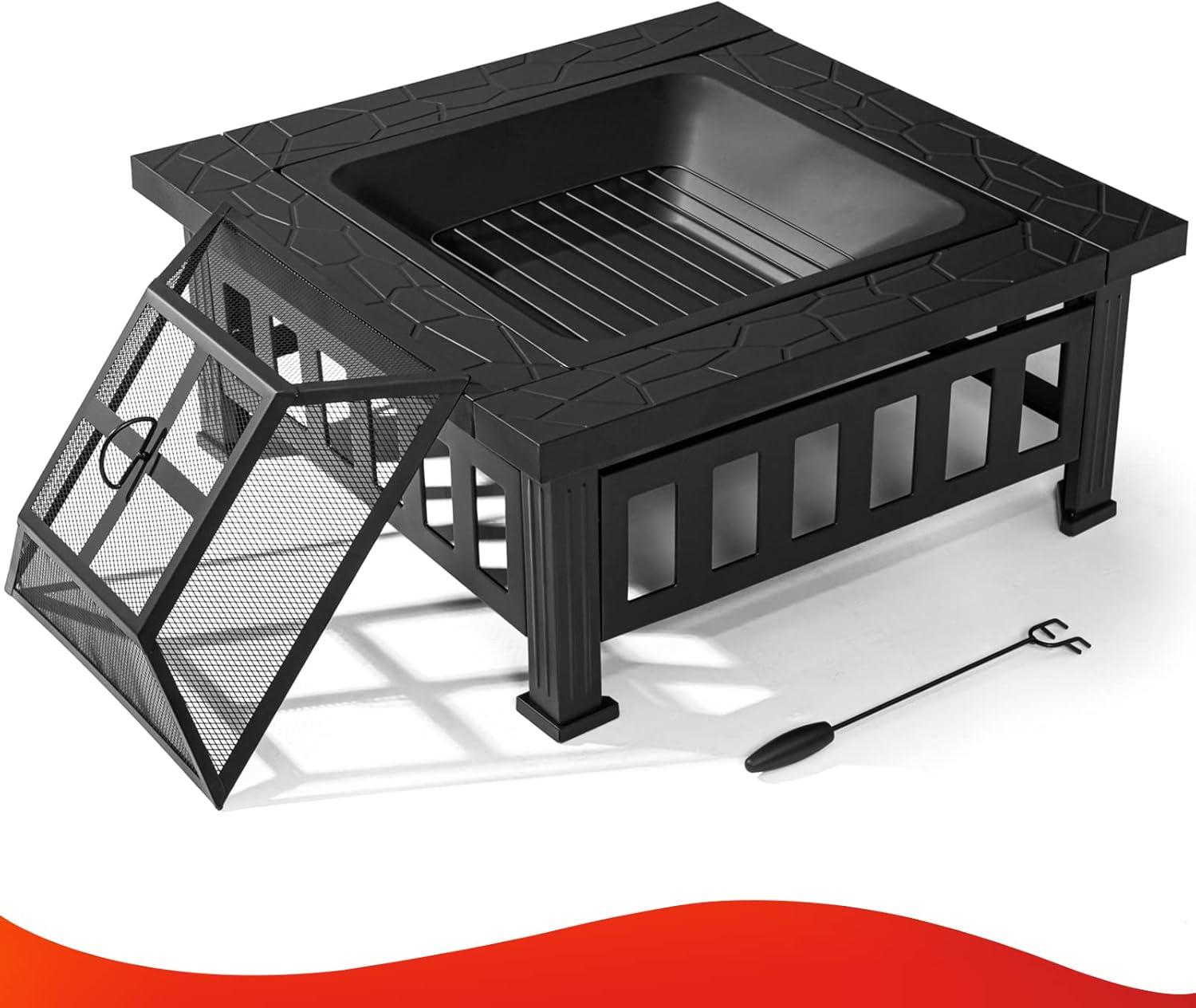 SINGLYFIRE 32 Inch Fire Pit with Table for Outside Square Metal Firepit Black