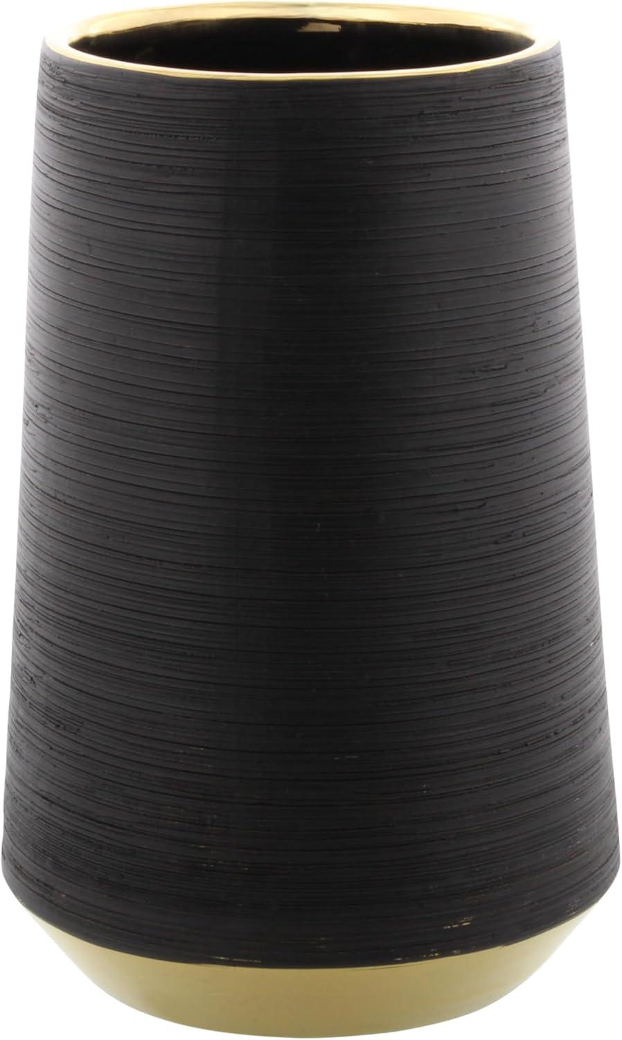 CosmoLiving by Cosmopolitan 8" Ribbed Black Porcelain Ceramic Vase with Gold accents