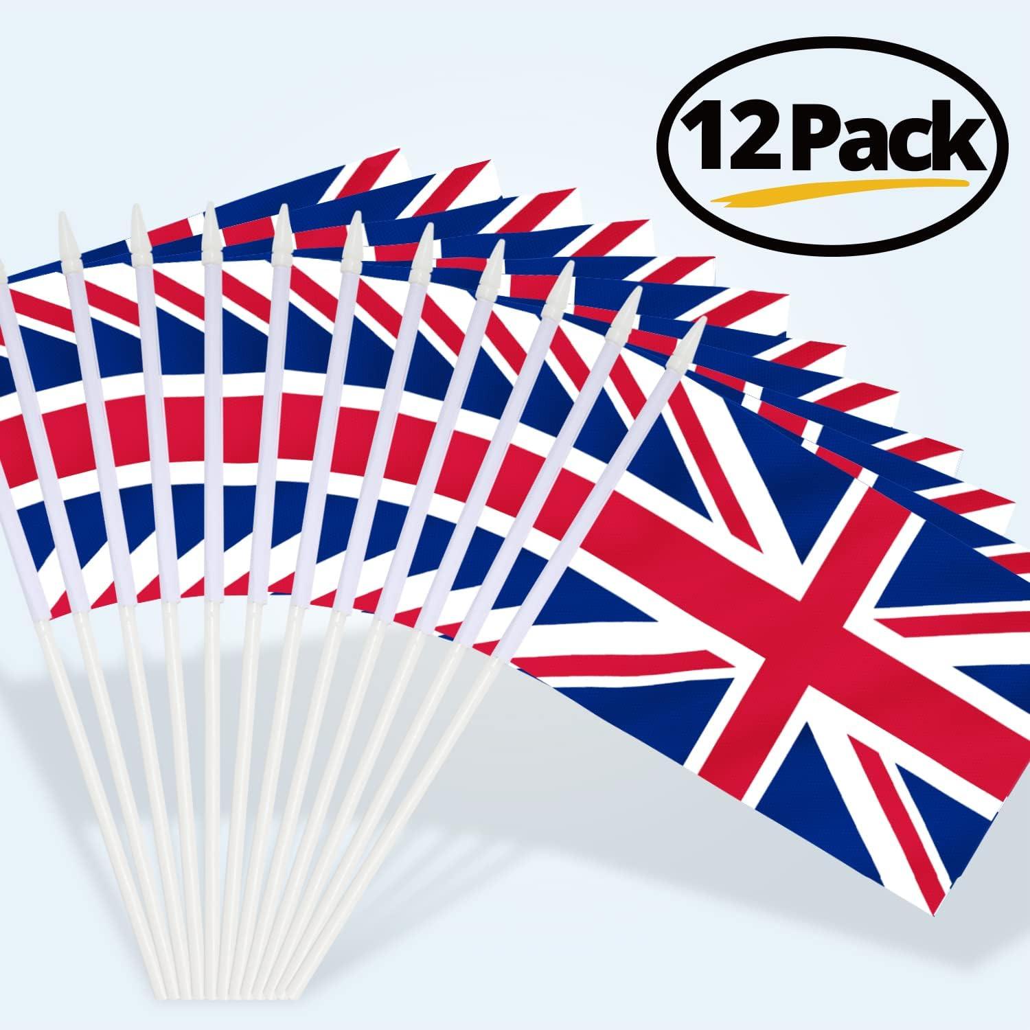 Anley British Union Jack Stick Flag Great Britain 5x8 inch Handheld Mini Flag - 12 Pack