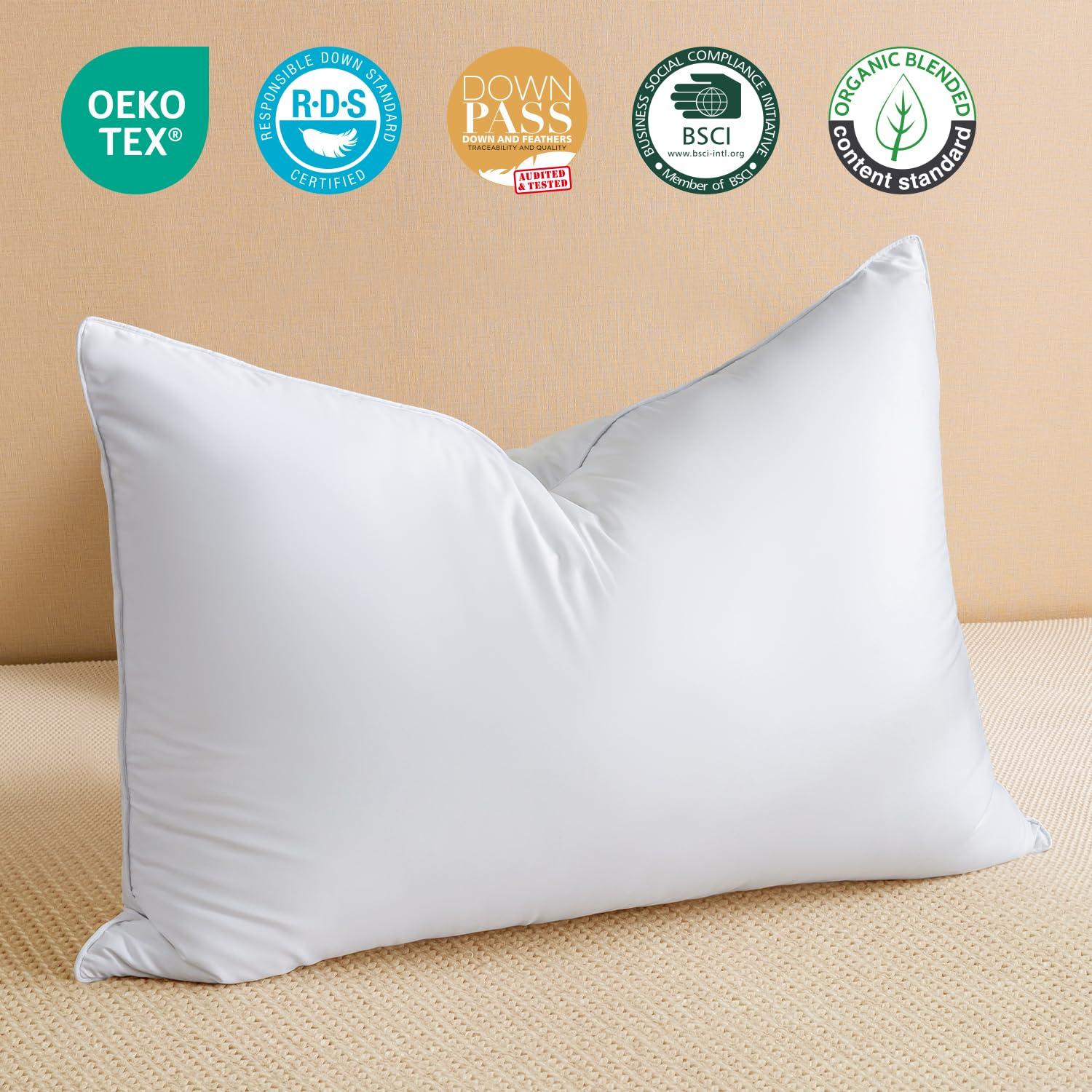 Peace Nest Set of 2 Goose Down Feather Oval Gusseted Bed Pillows with 100% Cotton Cover - White Queen