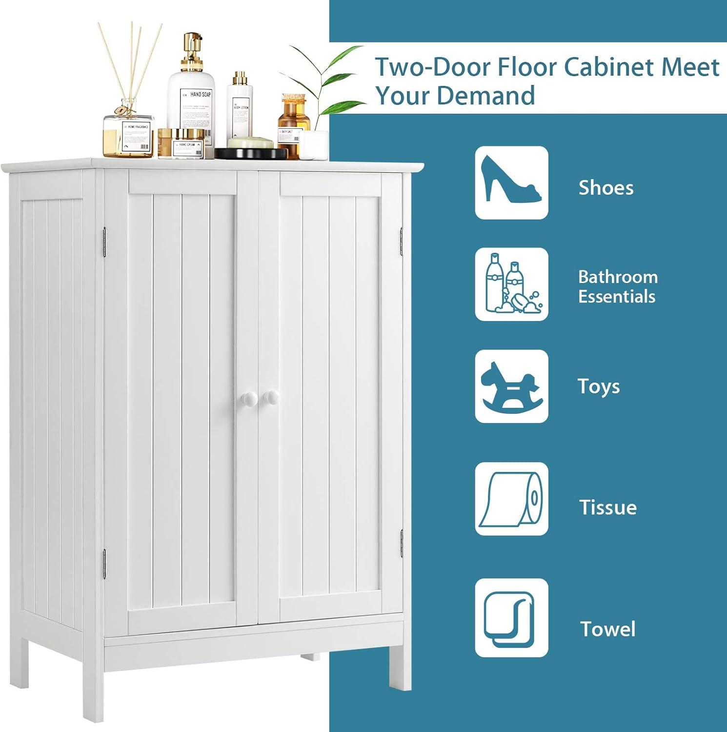 White MDF Bathroom Floor Cabinet with Adjustable Shelving