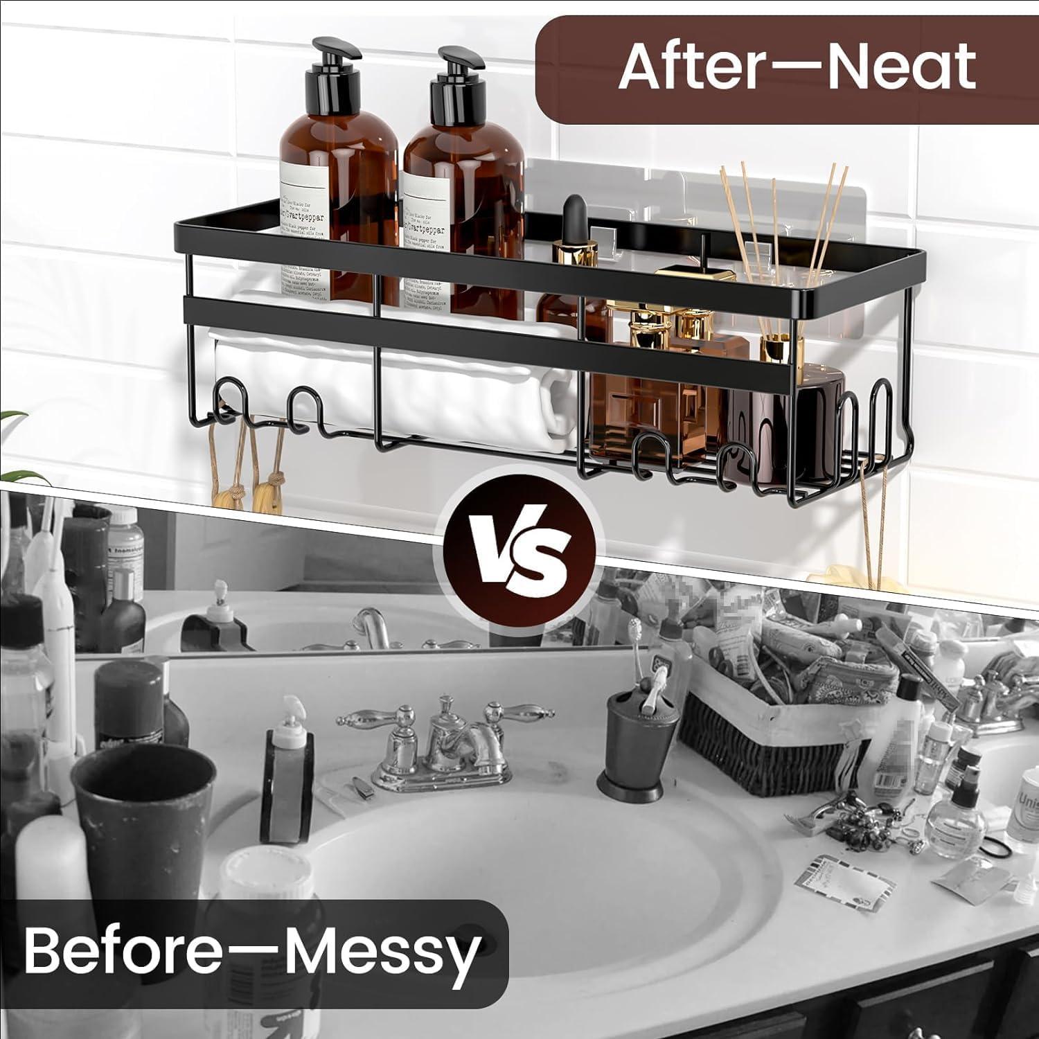 BN-LINK Shower Caddy, 2 pack Adhesive Shower Organizer Shower Rack with 8 Hooks, Shower Shelves Storage Bathroom Organizers and Storage, Black