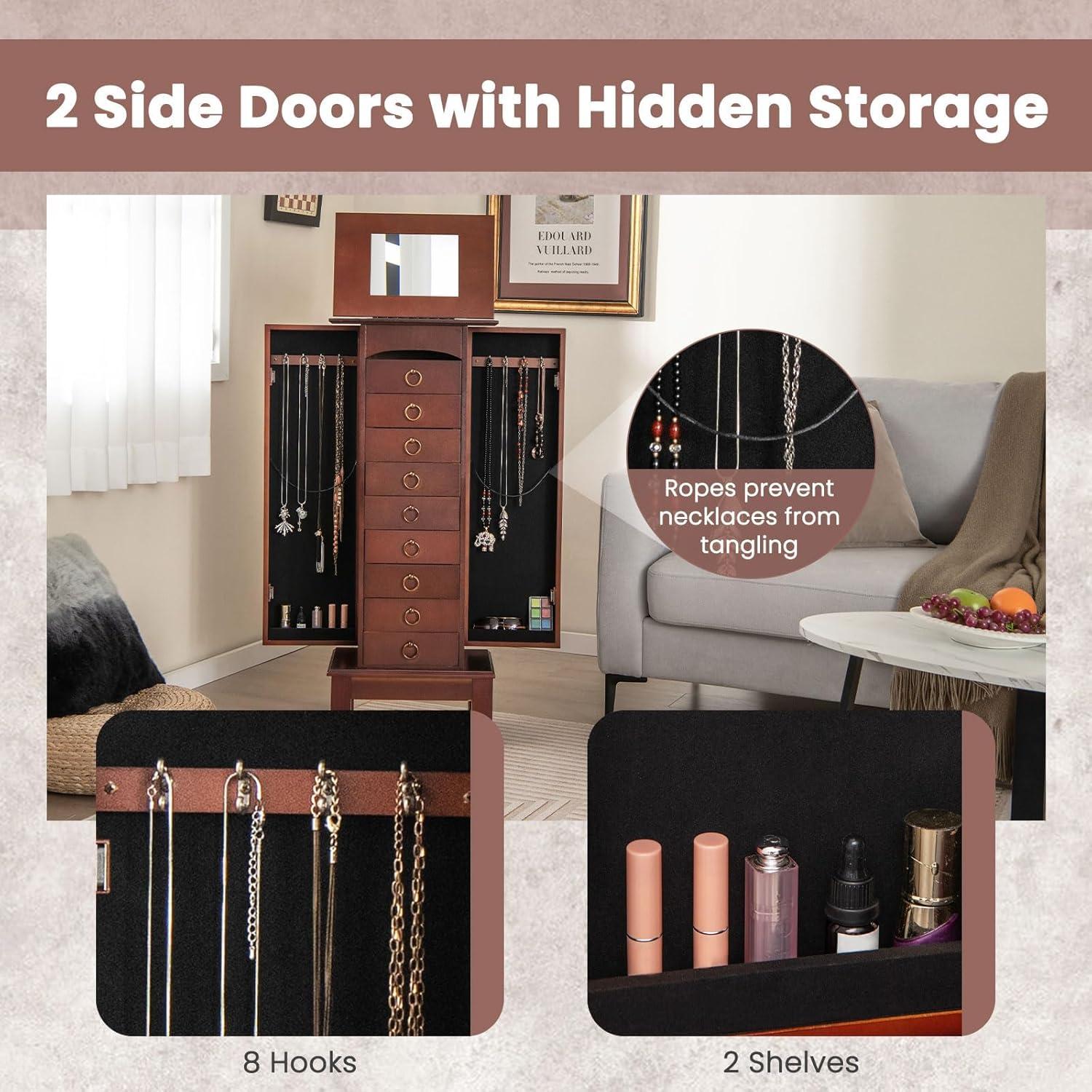 NAFORT Jewelry Armoire with Top Flip Vanity Mirror, Jewelry Cabinet with 9 Drawers and 2 Side Doors for Necklace, Large Storage Capacity Jewelry Organizer and Storage, Walnut