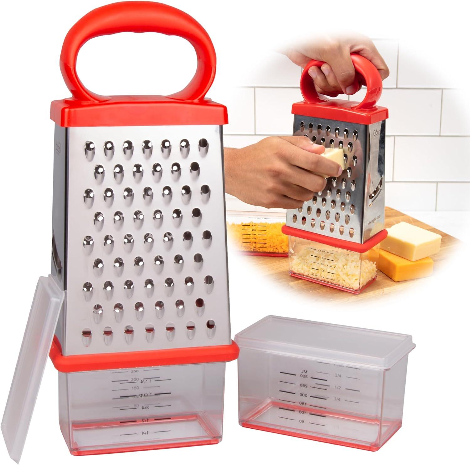 Stainless Steel Box Cheese Grater with Red Handle and Storage Containers