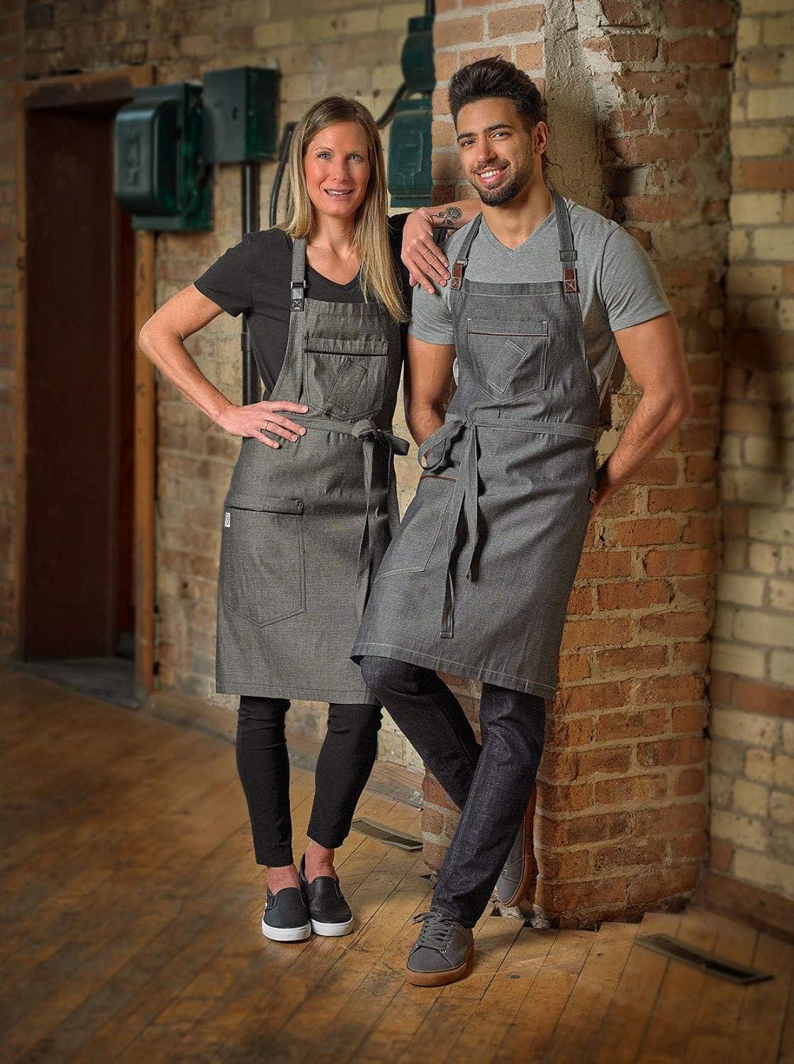 Black Denim Bib Apron with Brown Leather Straps